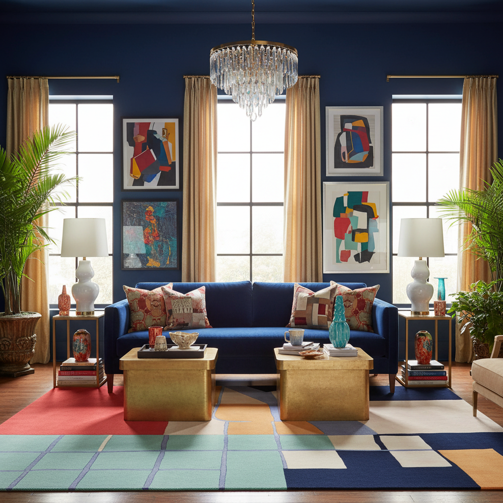 Modern living room with blue sofa, colorful geometric wool rug, and abstract art on walls.