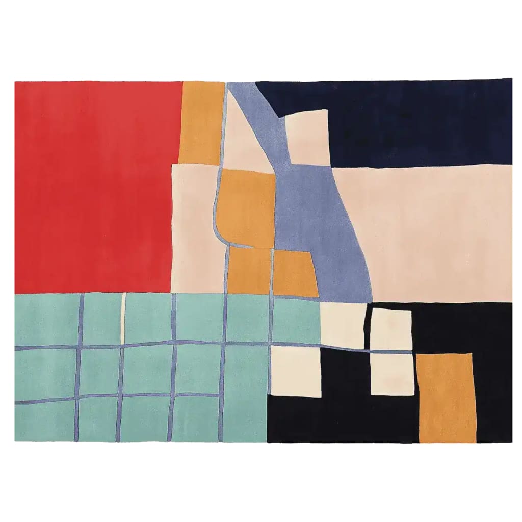A vibrant, hand-tufted area rug featuring an abstract design with bold colors and geometric patterns. This wool rug is perfect for adding a contemporary touch to large living room spaces. The combination of red, blue, and ochre tones in the rug creates a modern aesthetic, ideal for those seeking stylish living room area rugs.