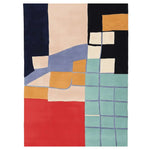 Top view of the Canvas In Segments Hand Tufted Area Rug featuring an abstract design with bold geometric patterns in blue, red, and beige. Perfect for adding a contemporary touch to living room area rugs, this wool rug combines modern style and comfort, ideal for large living room spaces.