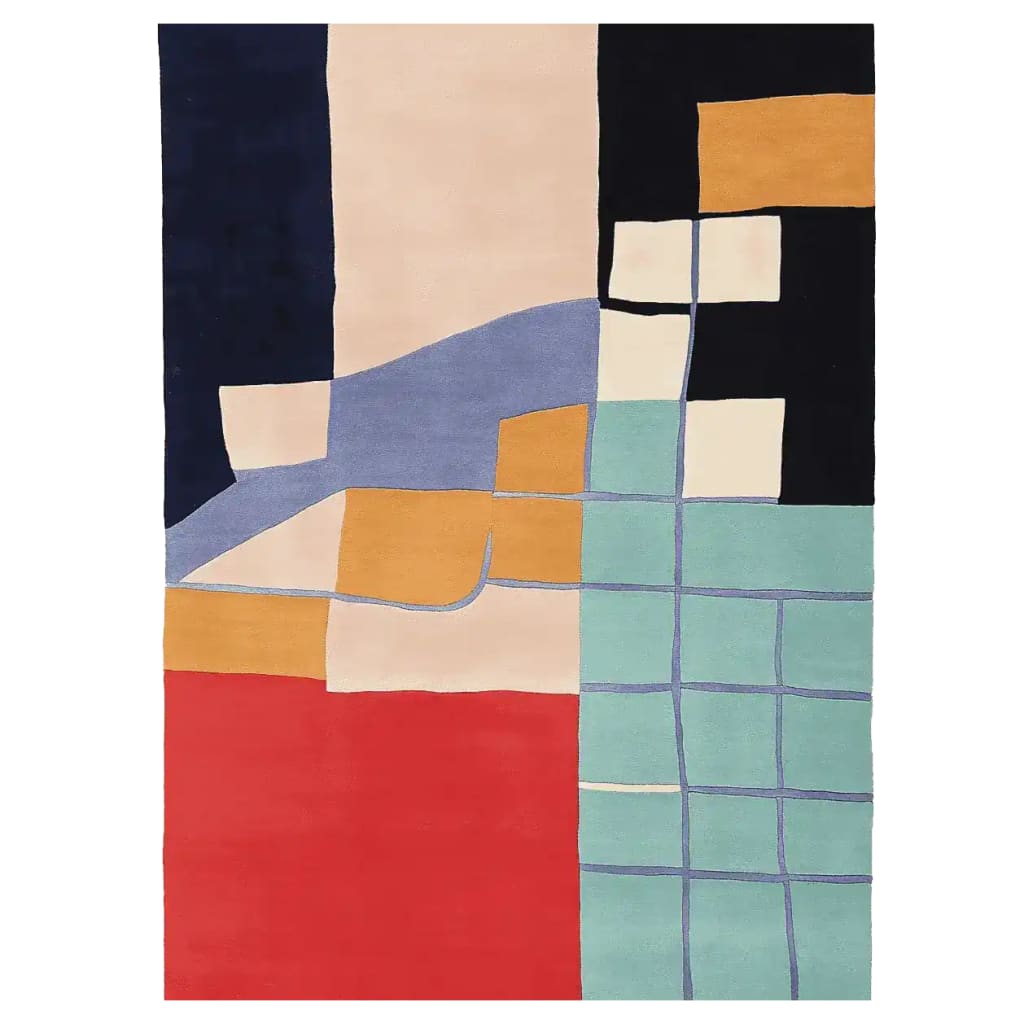 Top view of the Canvas In Segments Hand Tufted Area Rug featuring an abstract design with bold geometric patterns in blue, red, and beige. Perfect for adding a contemporary touch to living room area rugs, this wool rug combines modern style and comfort, ideal for large living room spaces.