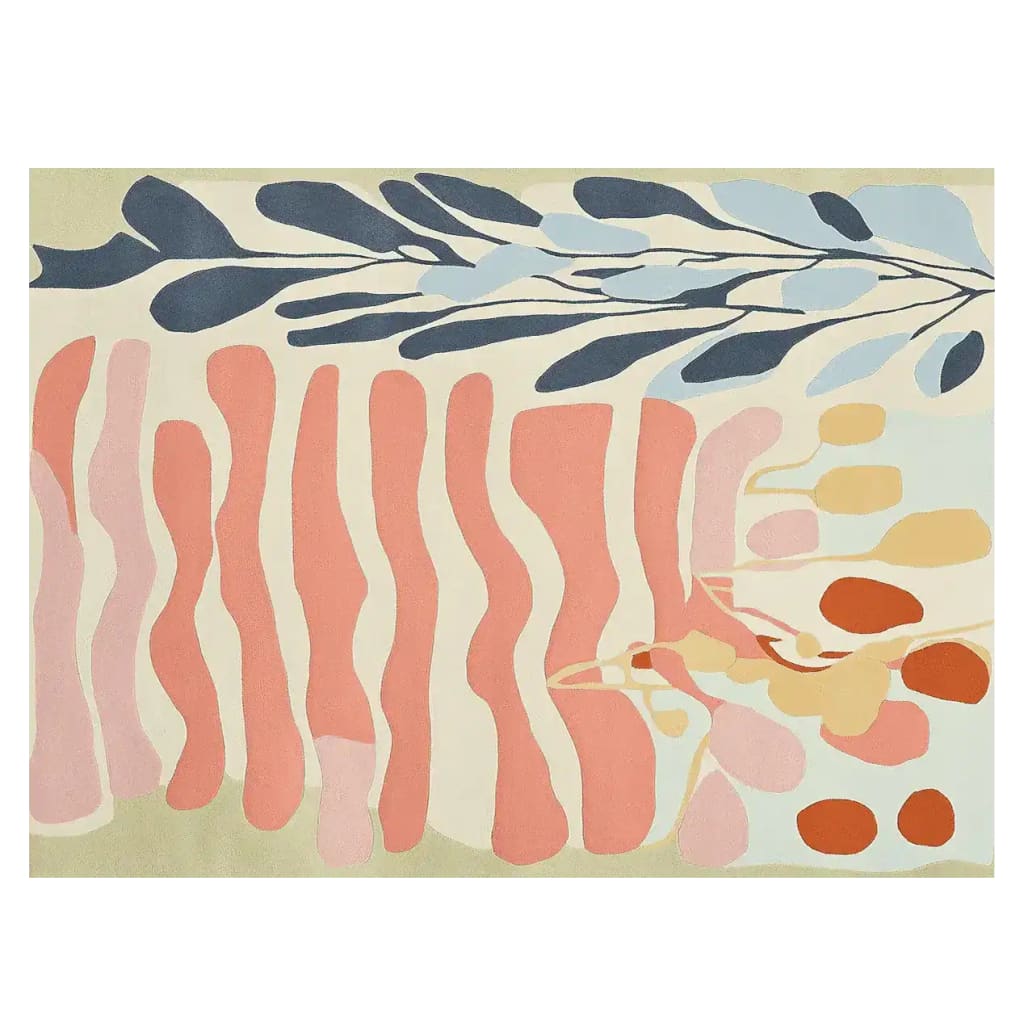 A vibrant, contemporary area rug featuring an abstract design of flowing coral and blue shapes, ideal for enhancing large living room spaces. This wool rug, titled 'Canvas of Calm Hand Tufted Rug', adds a modern touch to any living room area rug collection.