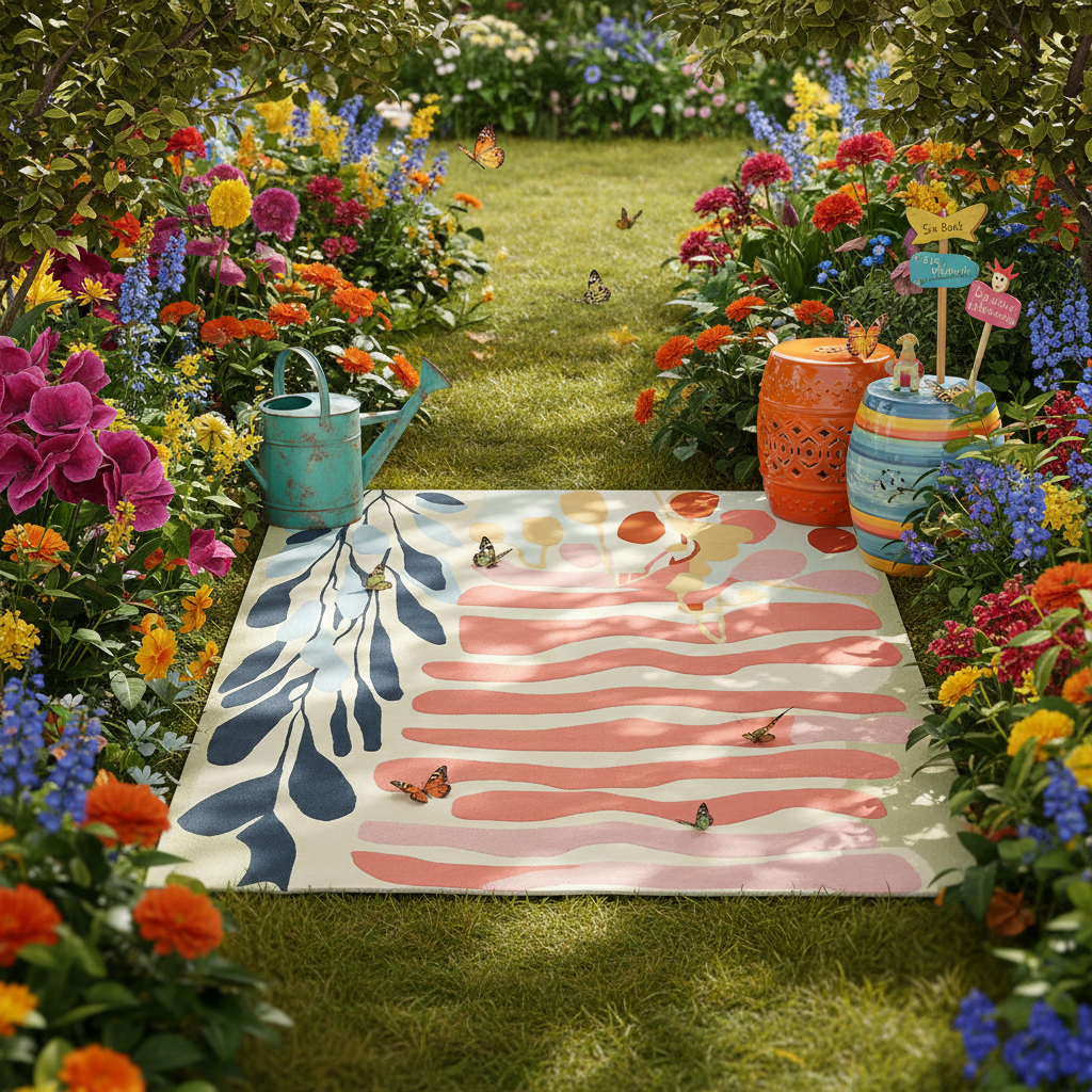 Colorful garden scene with a patterned rug, flowers, and decorative vases.