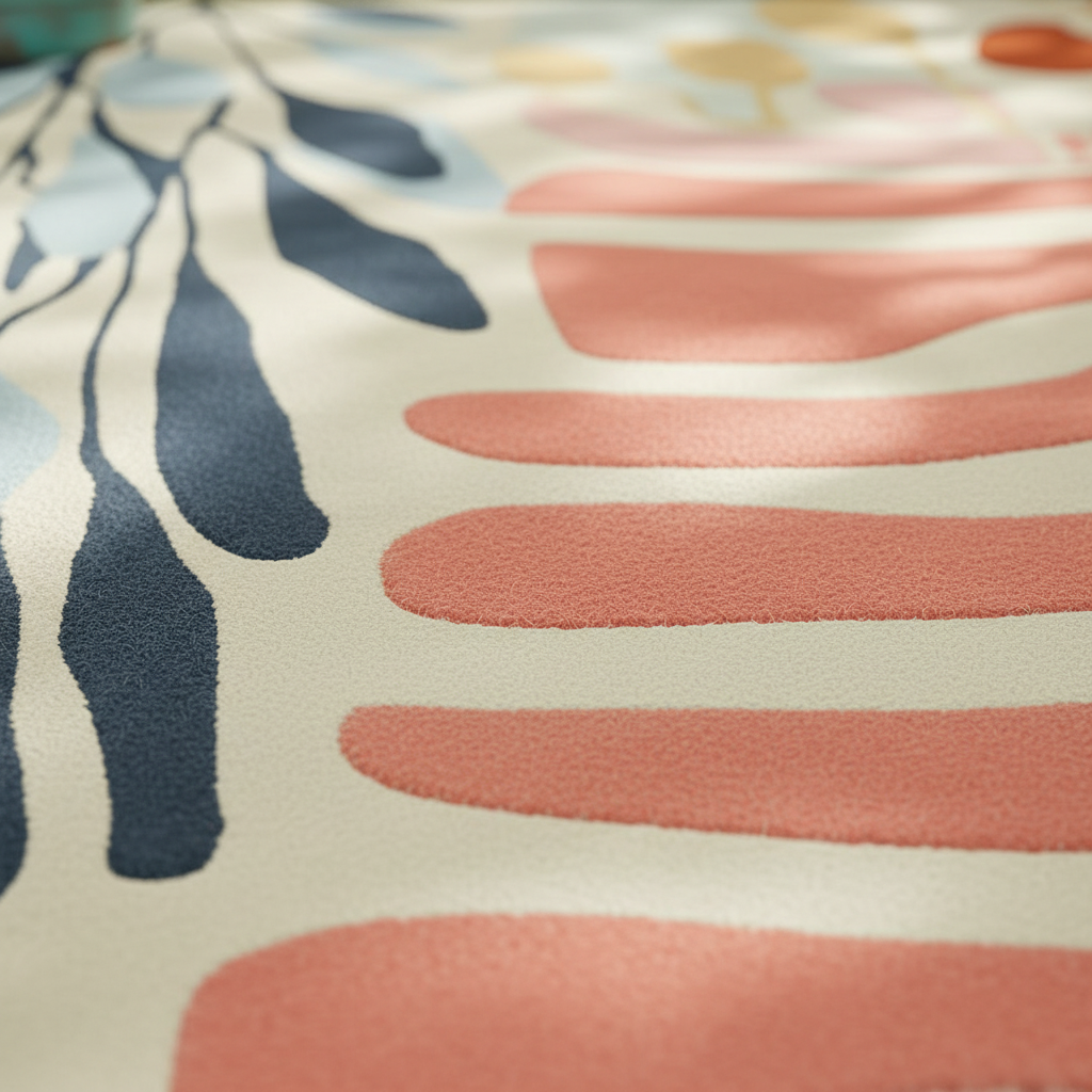 Close-up of a fabric with abstract pattern in blue, pink, and beige.