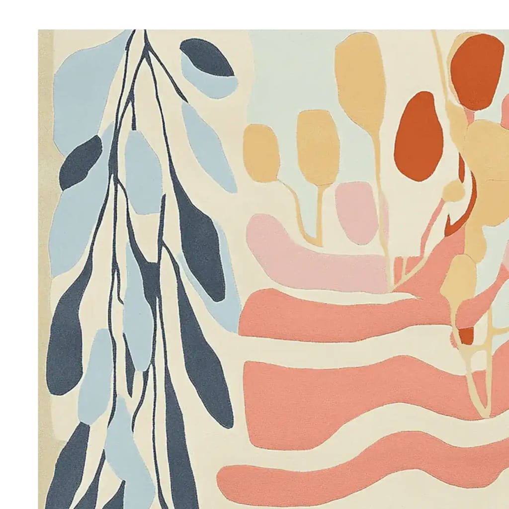 A close-up view of the Canvas of Calm Hand Tufted Rug, showcasing its abstract design with flowing lines and organic shapes in soothing pastel colors. Perfect for adding a touch of modern elegance to any living room, this wool rug is an ideal choice for those seeking contemporary area rugs for large living spaces.