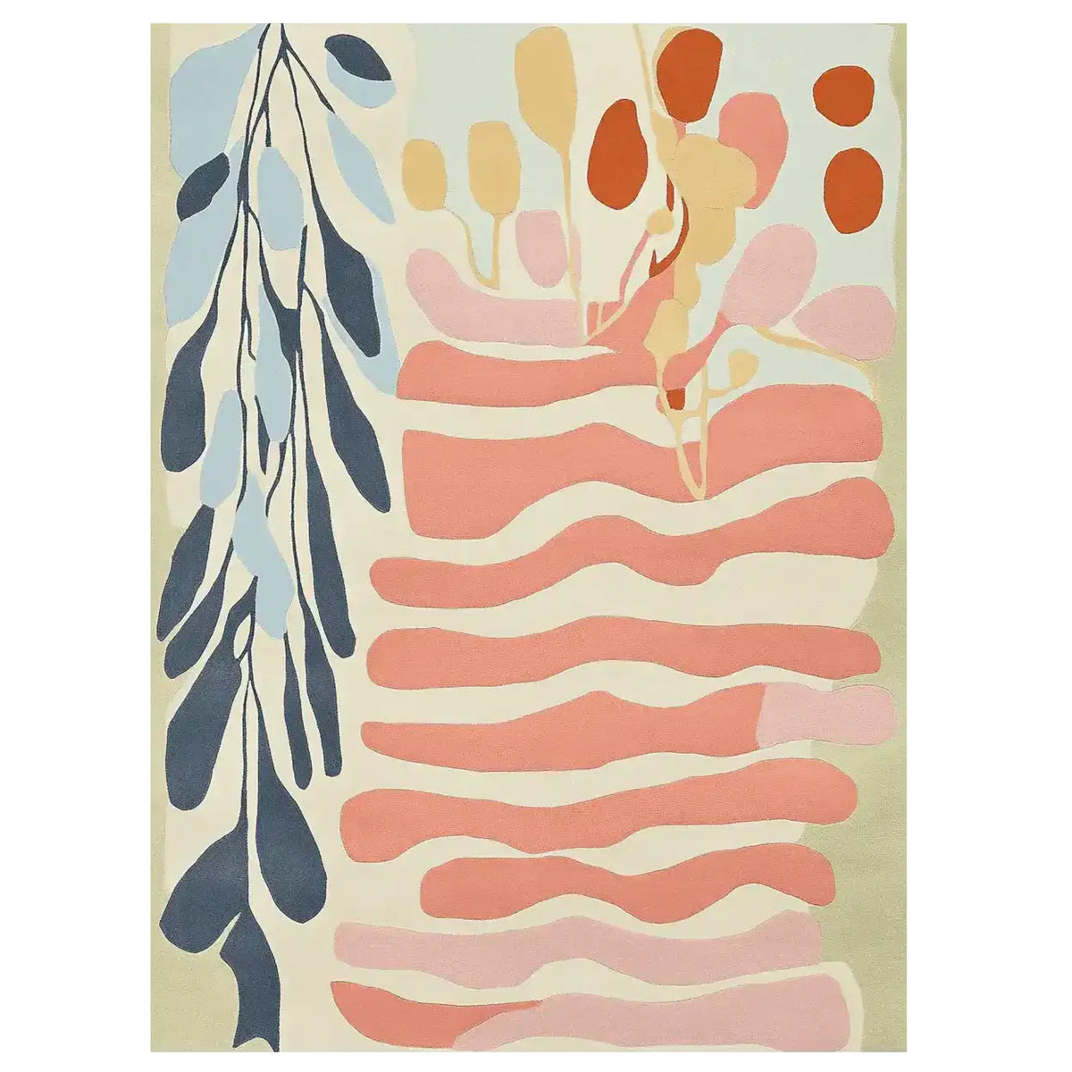A beautifully designed Canvas of Calm Hand Tufted Area Rug showcasing a contemporary abstract pattern with soft wavy lines and botanical accents in blue, pink, and orange hues. Perfect as a wool rug for large living room spaces, this elegant piece enhances the modern aesthetic of any living room area.