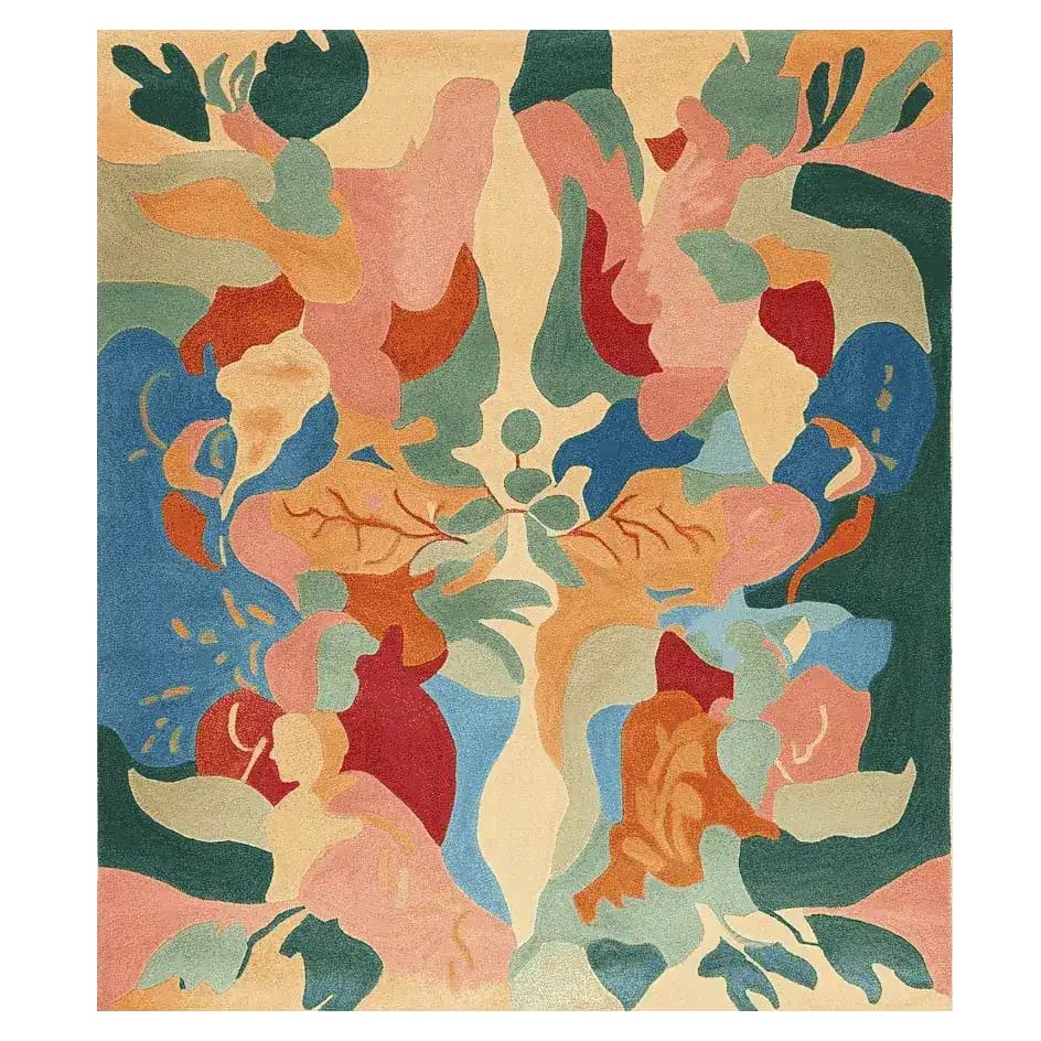 A vibrant hand-tufted area rug featuring an abstract design with bold splashes of colors including blues, greens, reds, and oranges. Perfect for adding a contemporary touch to your living room, this wool rug measures 8x10 and offers a unique artistic flair among living room rugs.