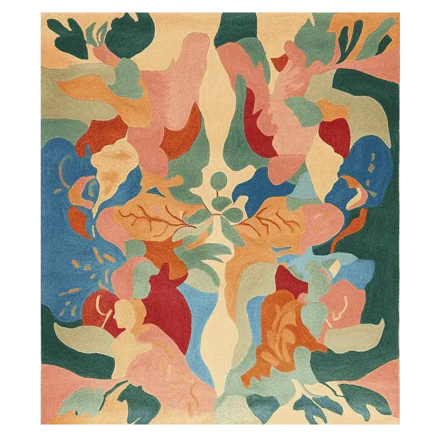 A vibrant hand-tufted area rug featuring an abstract design with bold splashes of colors including blues, greens, reds, and oranges. Perfect for adding a contemporary touch to your living room, this wool rug measures 8x10 and offers a unique artistic flair among living room rugs.