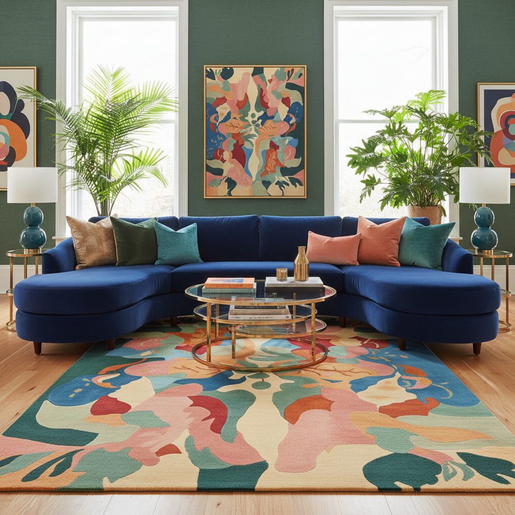 Modern living room with a blue sectional sofa, colorful rug, and abstract art on the walls.
