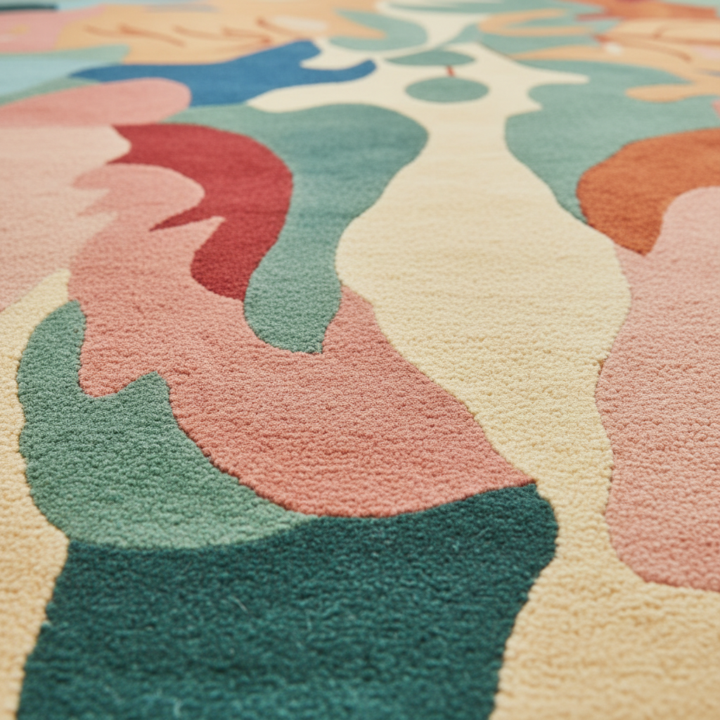 Close-up of a colorful abstract patterned rug with pastel shades.