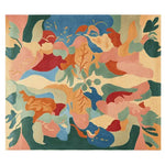 An abstract, vibrant hand tufted area rug featuring a blend of bold colors and organic shapes. Perfect for adding a contemporary touch to any living room, this 8x10 wool rug combines shades of blue, orange, and green with hints of red and pink, making it an ideal choice for those seeking stylish rugs for living room decor.