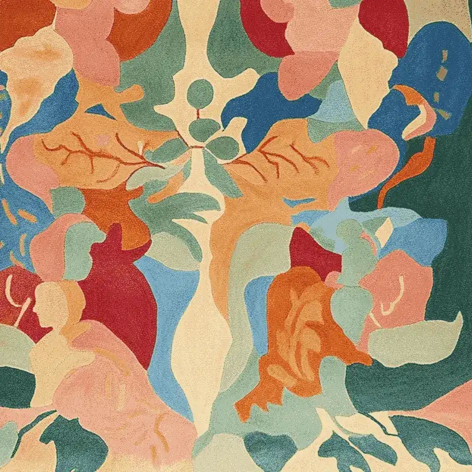 Vibrant abstract design of the Canvas of Chaos Hand Tufted Rug, showcasing a colorful blend of shapes in red, blue, green, and orange. Perfect as a contemporary area rug for living rooms, this 8x10 wool rug adds artistic flair and modern elegance to any space.