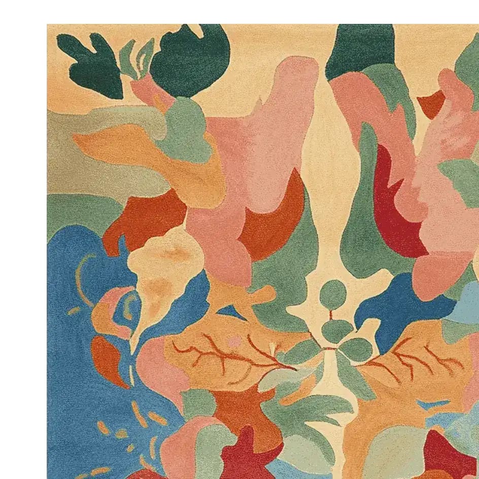 A vibrant, abstract Canvas of Chaos hand tufted area rug in an 8x10 size, showcasing a playful mix of colors including blues, greens, and reds. Perfect for adding a contemporary touch to living rooms, this wool rug offers an artistic flair and is an ideal choice among rugs for living room settings.