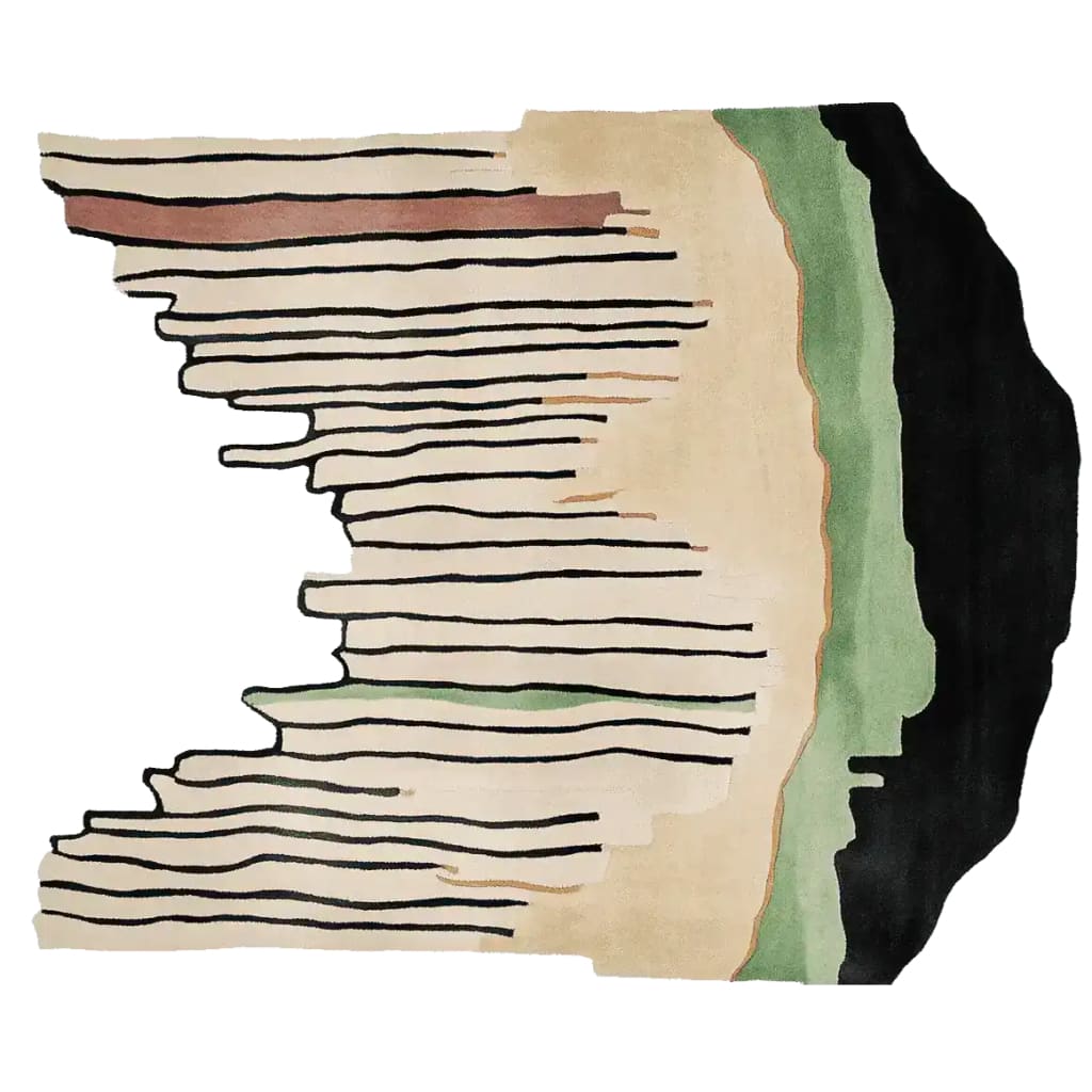 A contemporary area rug with an abstract design featuring bold black lines and earthy tones of green, beige, and black. This wool rug is perfect for adding a modern touch to large living rooms, showcasing a unique pattern reminiscent of canyon echoes.