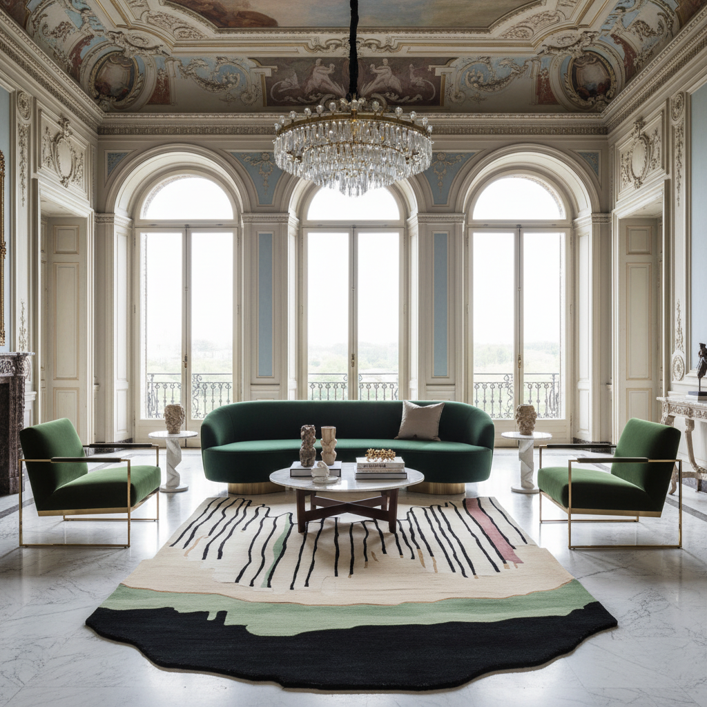 Luxurious living room with green sofa, an abstract wool rug, chairs, and a chandelier in an ornate room.