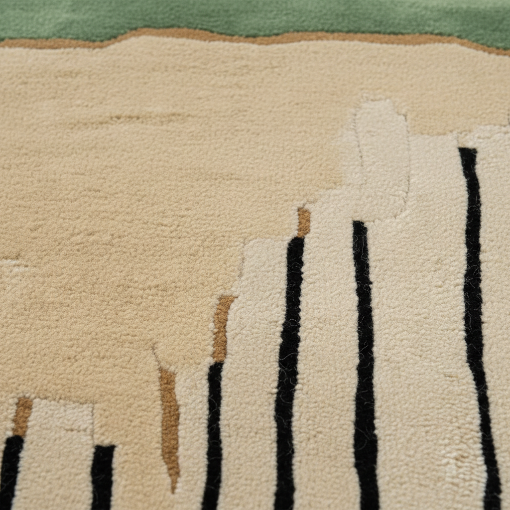 Close-up of a textured rug with abstract patterns in beige, brown, black, and green.