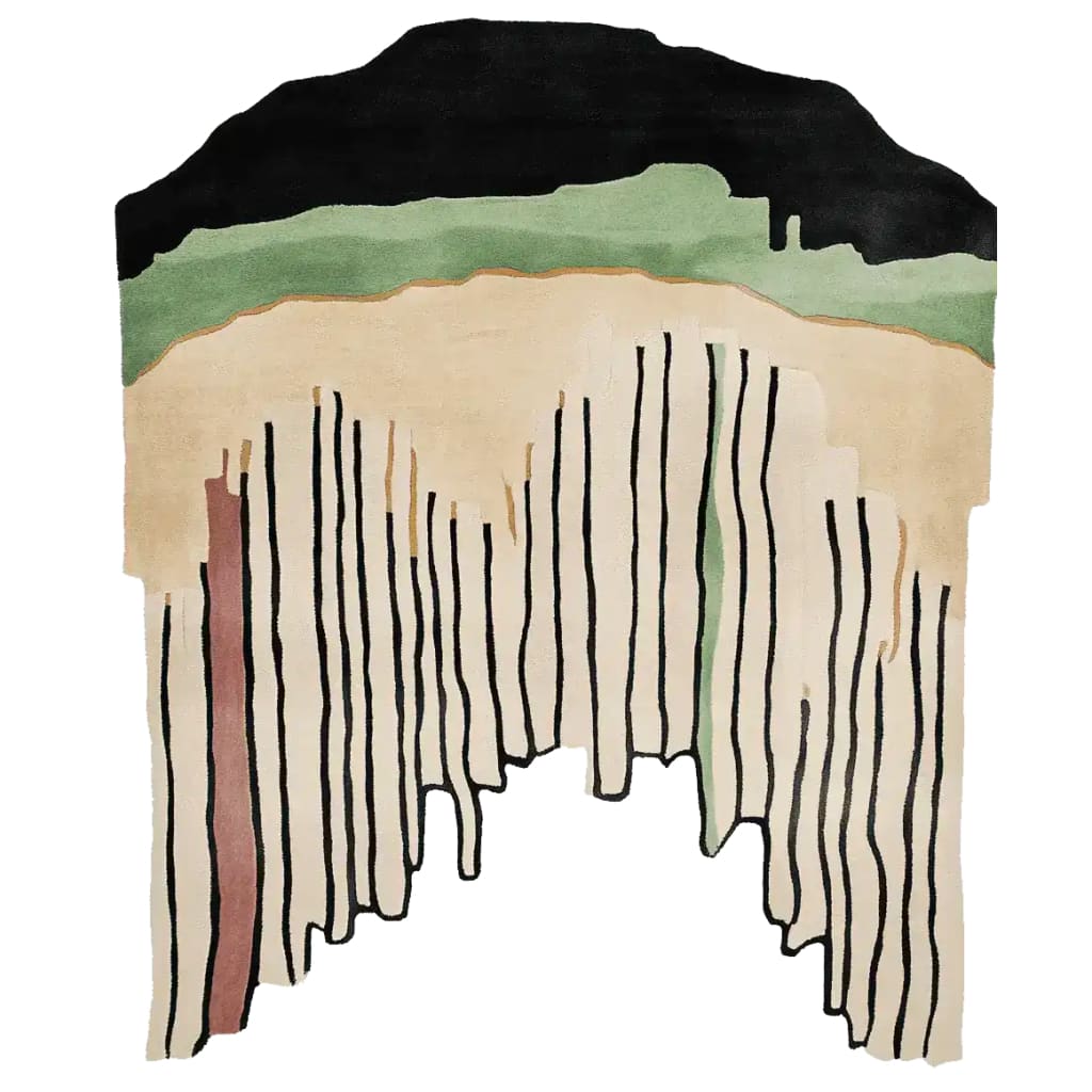 Top view of the Canyon Echo Lines Hand Tufted Area Rug, showcasing an abstract design with flowing black lines and earthy tones. Ideal for large living rooms, this contemporary wool rug adds a stylish touch to any space, perfect for those seeking unique area rugs for living room decor.