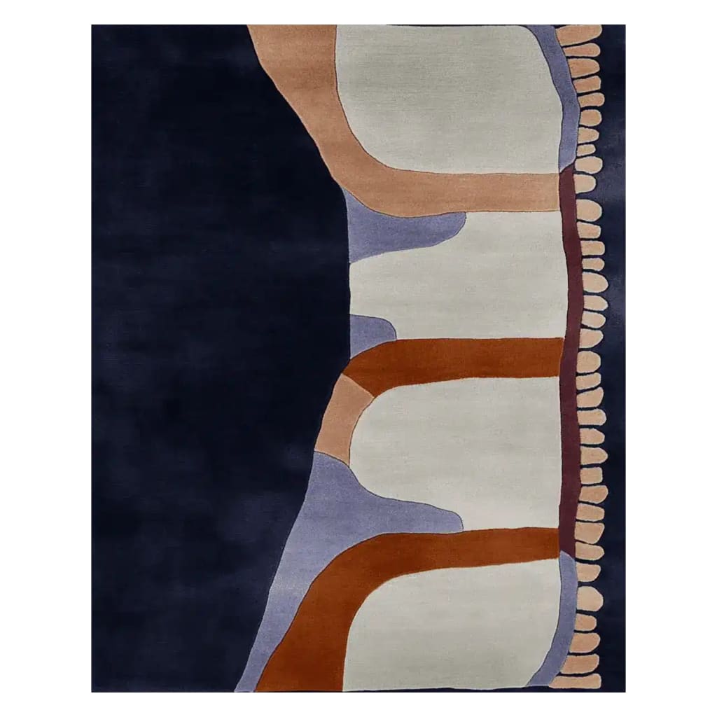 The Canyon Vein Flow Hand Tufted Rug is a stunning area rug featuring an abstract design with earthy tones of navy, beige, and orange. Perfect for modern decor, this contemporary wool rug provides a stylish touch to any living room. Sized at 8x10, it's ideal for adding a sophisticated accent to your space.