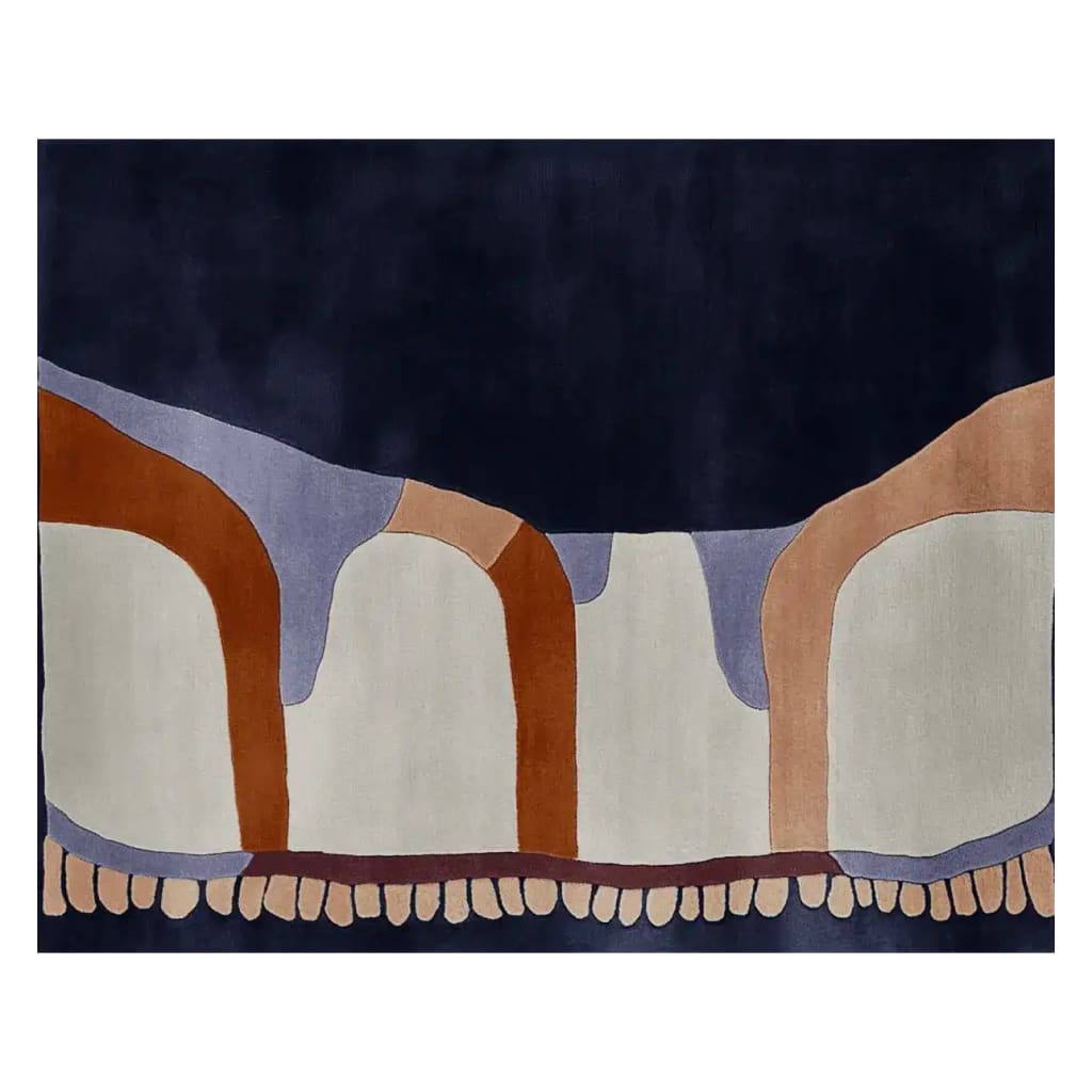 A contemporary wool area rug with an abstract design in shades of navy blue, rust, cream, and lavender. This living room rug, sized 8x10, features a modern artistic pattern, ideal for adding a stylish touch to any space.