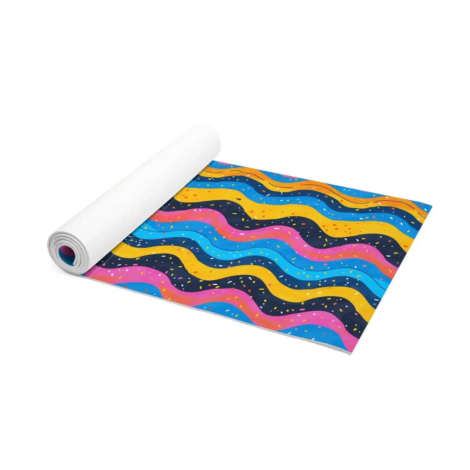 Carnival Currents yoga mat partially rolled, horizontal wavy stripes in pink, orange, blue and yellow