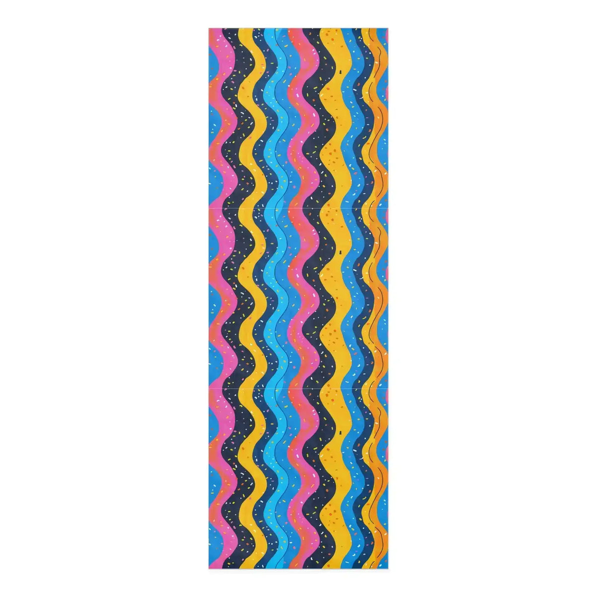 Carnival Currents yoga mat with wavy vertical stripes in pink, yellow, blue and navy with speckles