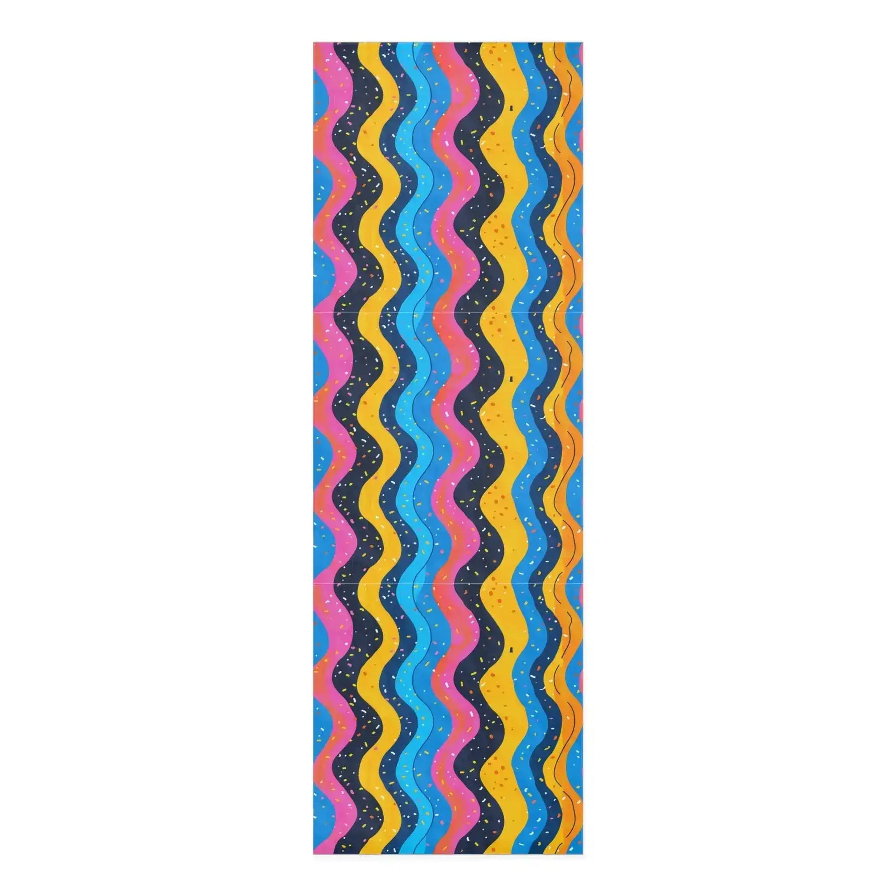 Carnival Currents yoga mat with wavy vertical stripes in pink, yellow, blue and navy with speckles