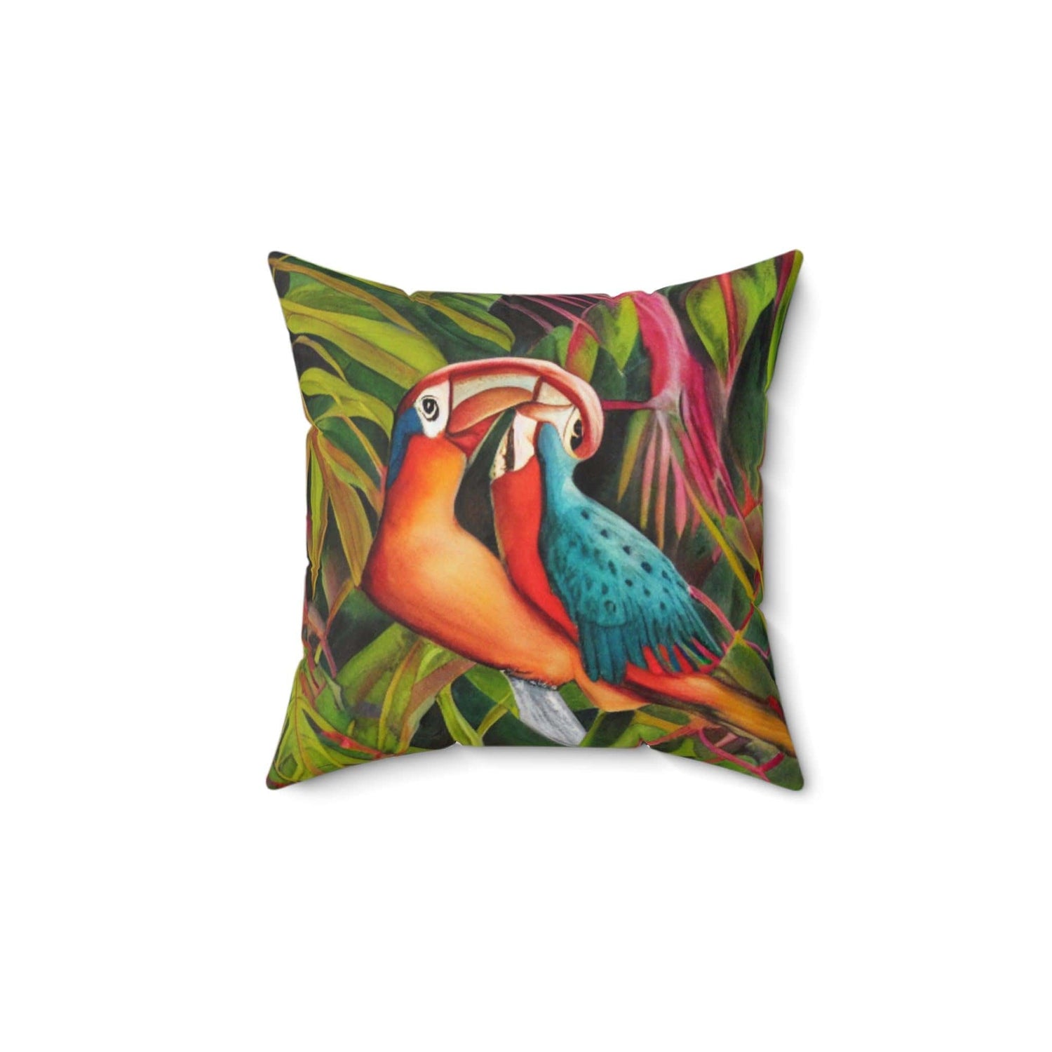 Cartoon Parrots in the Tropic Spun Polyester Throw Pillow 14" × 14"