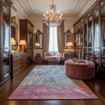 Luxurious master closet with large wardrobes, chandelier, and pink rug.