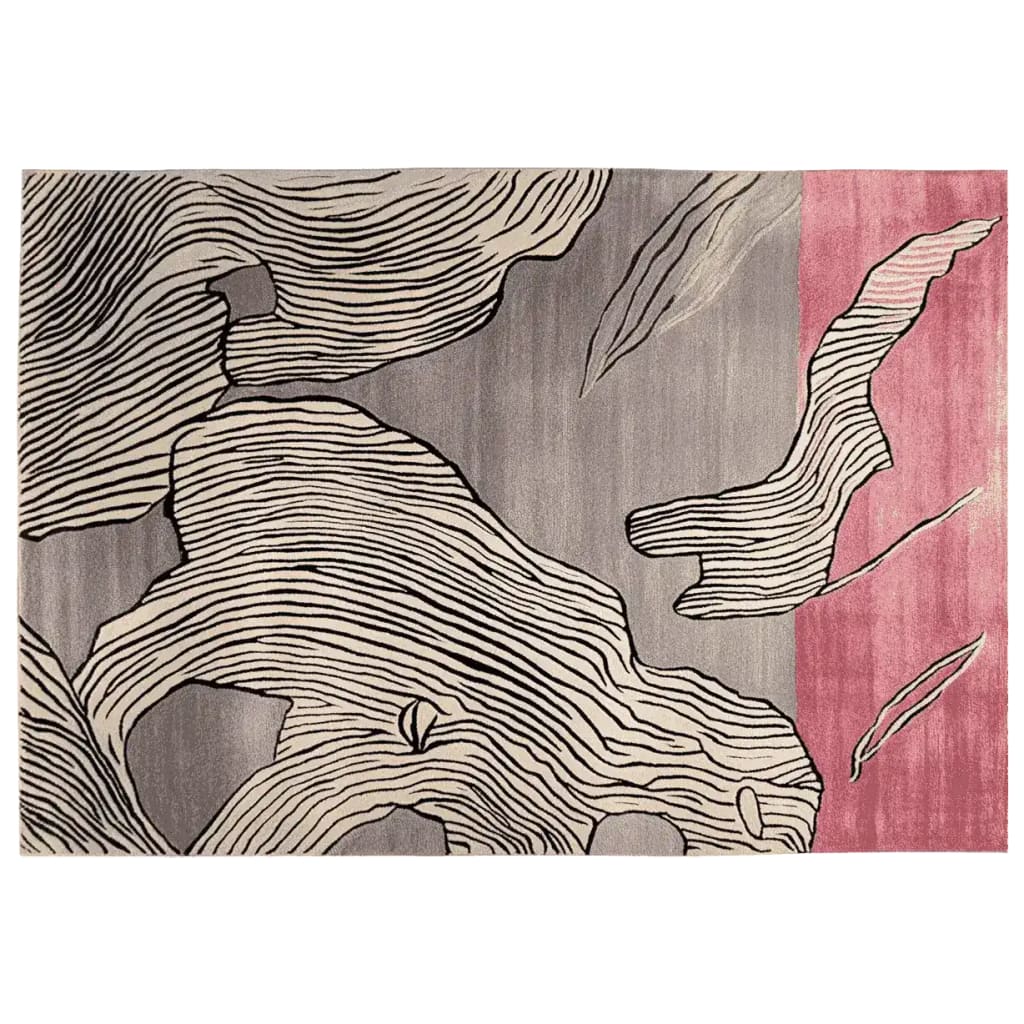 A stunning hand-tufted wool area rug featuring a contemporary design with abstract black line patterns on a gray and pink background. This large living room rug adds modern elegance and style to any space, perfect for those seeking unique living room area rugs.