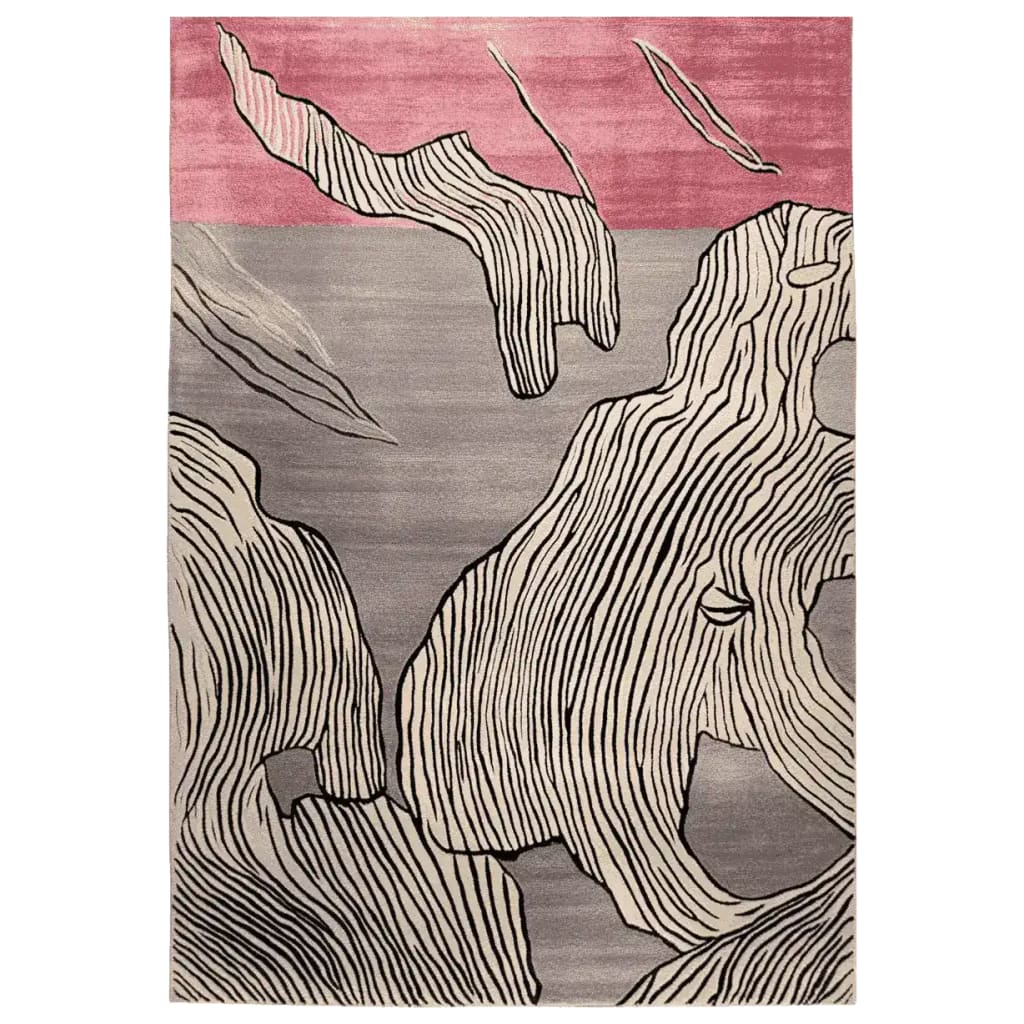The Carved Motion Surface Hand Tufted Rug showcases an abstract design with flowing lines in black against a soft gray and pink background. This contemporary wool rug is perfect for adding an artistic touch to any living room. Ideal as a large living room area rug, it combines style and comfort seamlessly.
