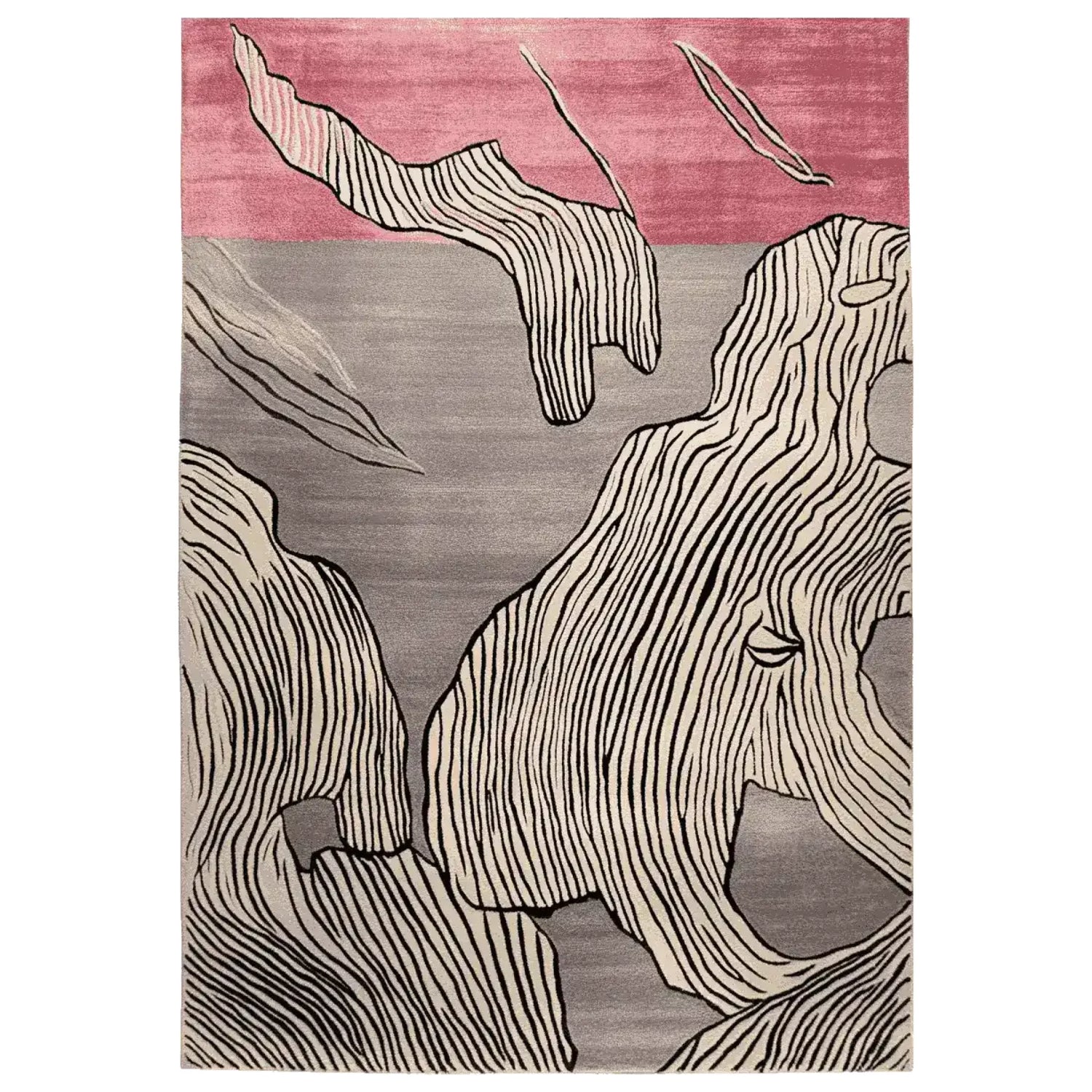 The Carved Motion Surface Hand Tufted Rug showcases an abstract design with flowing lines in black against a soft gray and pink background. This contemporary wool rug is perfect for adding an artistic touch to any living room. Ideal as a large living room area rug, it combines style and comfort seamlessly.