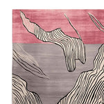 This contemporary area rug showcases a stunning abstract design with flowing black and white lines on a backdrop of rich pink and gray hues. Perfect for modern living rooms, this large wool rug combines artistry and functionality, enhancing any space with its unique motion-inspired pattern.