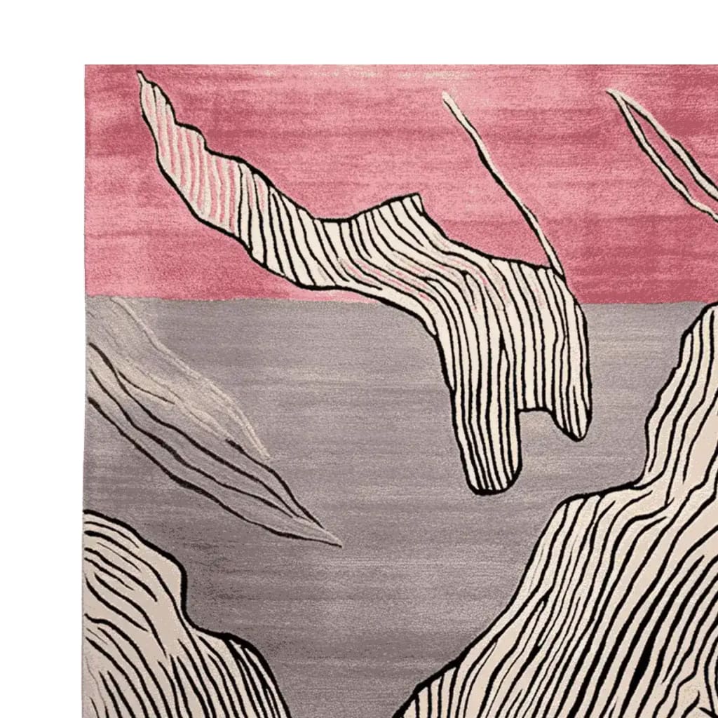 This contemporary area rug showcases a stunning abstract design with flowing black and white lines on a backdrop of rich pink and gray hues. Perfect for modern living rooms, this large wool rug combines artistry and functionality, enhancing any space with its unique motion-inspired pattern.