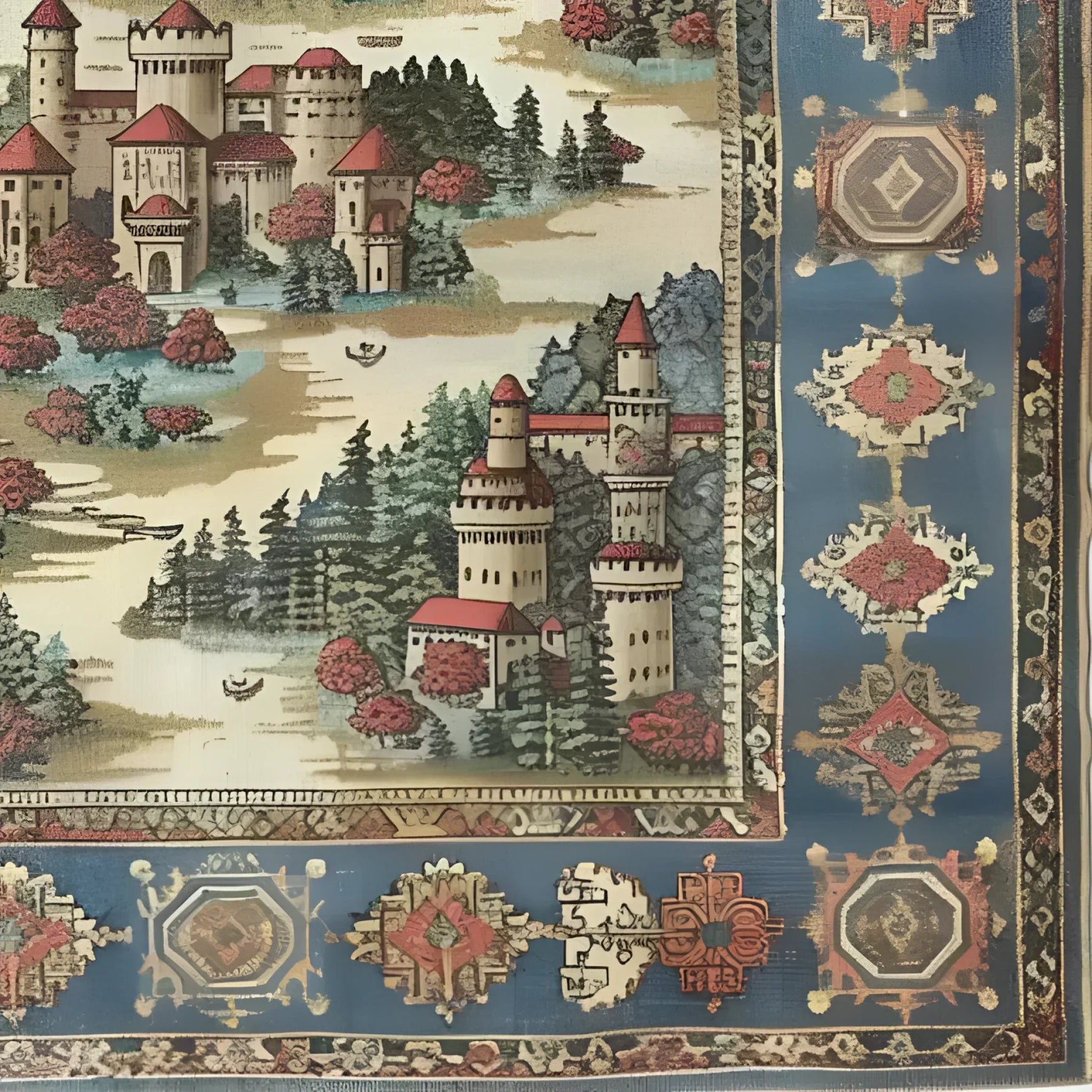 Close-up of the Castle Country Wool Hand Knotted Area Rug showcasing a vintage design with intricate castle imagery and a rich blue border. Perfect for adding a touch of elegance to living room rugs 8x10, embodying the charm of a vintage rug in your living room area.
