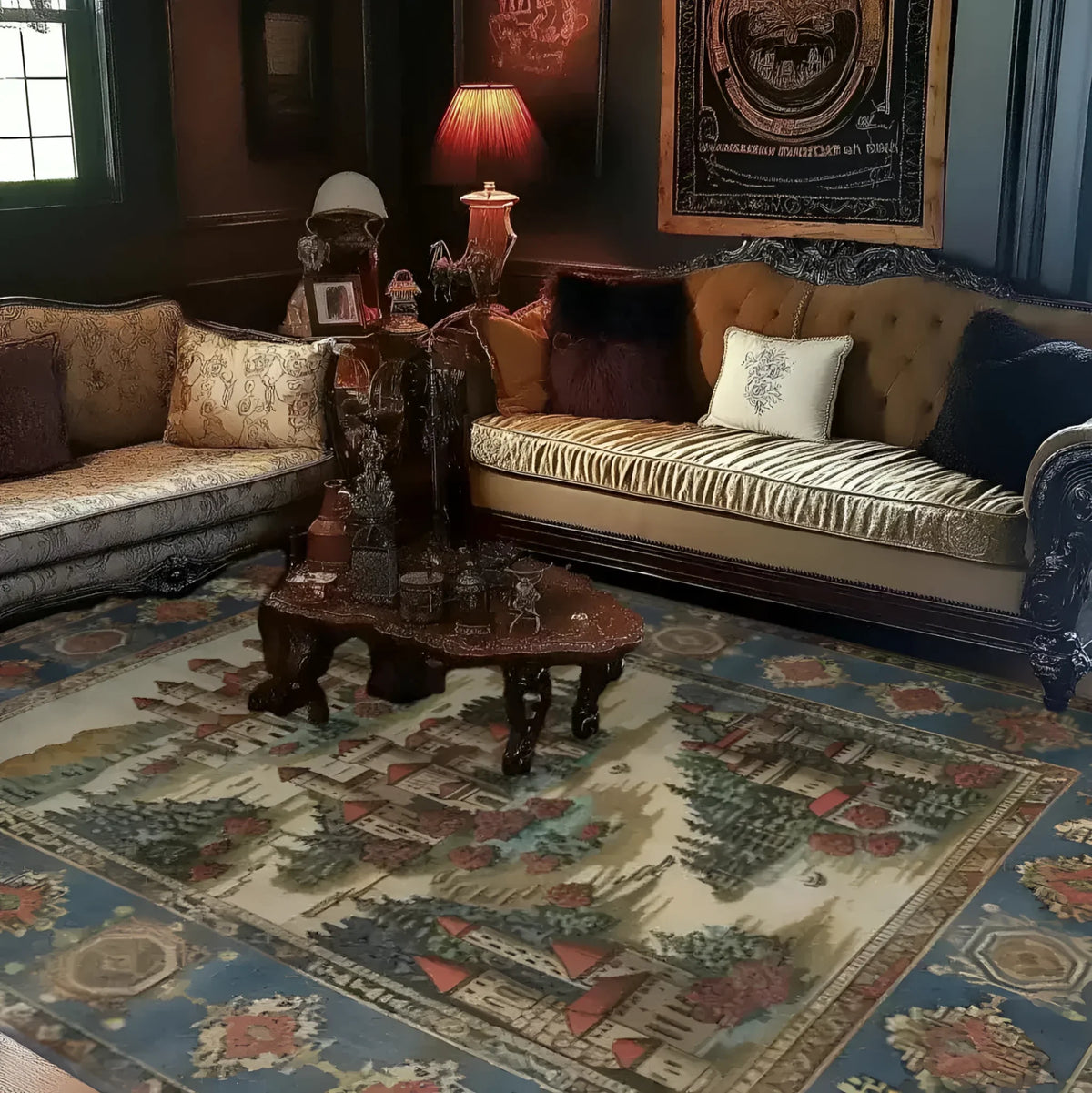 This elegant Castle Country Wool Hand Knotted Area Rug adds a vintage charm to the living room. The 8x10 rug features an intricate design with castle and floral patterns, perfectly complementing the classic furniture and warm lighting.