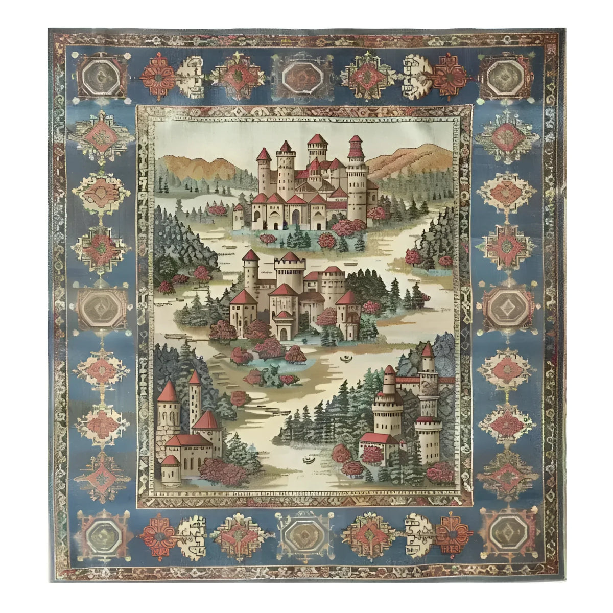 This Castle Country Wool Hand Knotted Area Rug features a picturesque medieval castle scene with lush greenery and vibrant colors. The intricate design showcases detailed architecture set against a scenic landscape, surrounded by a decorative blue and red border. Perfect for adding a touch of elegance and history to any room.