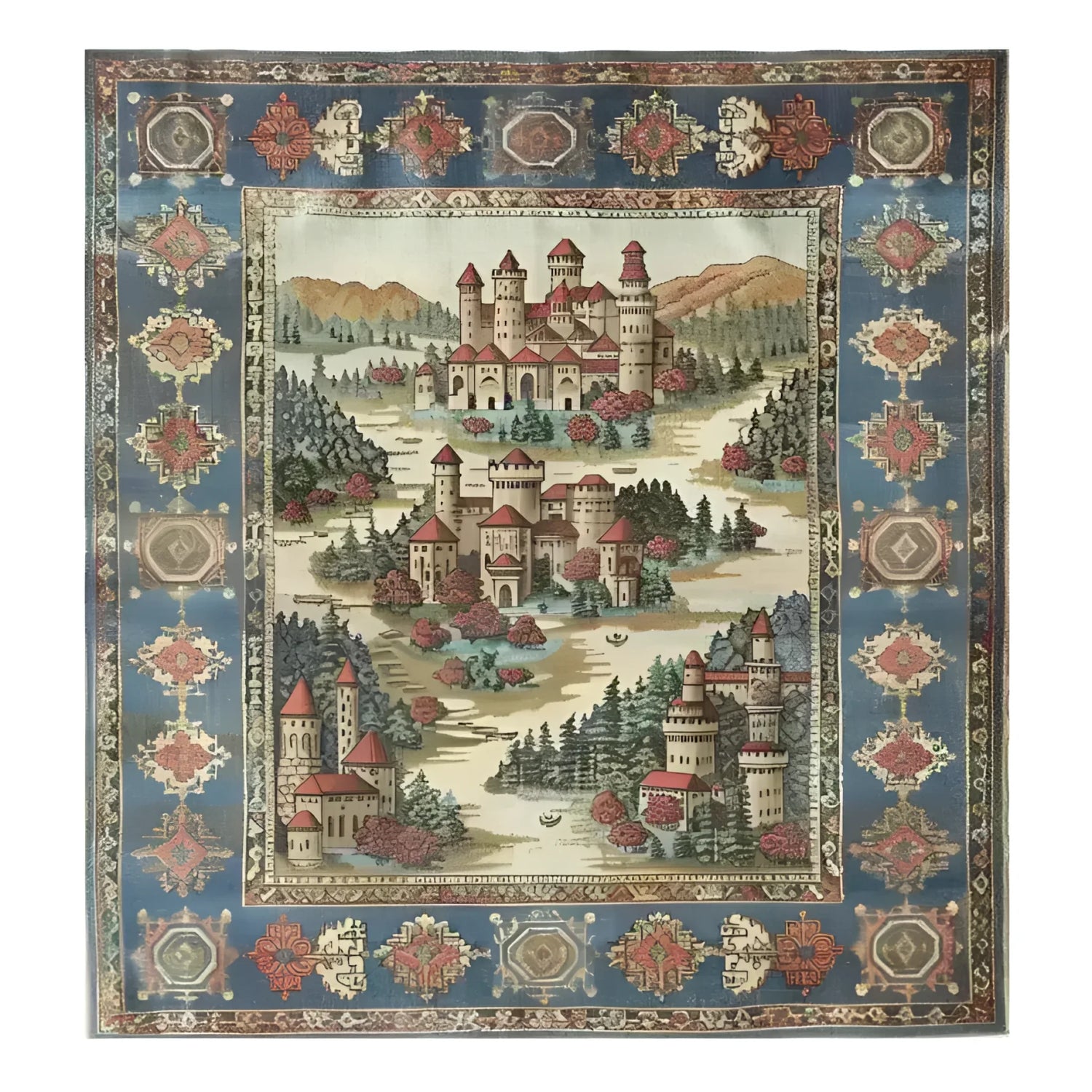 This Castle Country Wool Hand Knotted Area Rug features a picturesque medieval castle scene with lush greenery and vibrant colors. The intricate design showcases detailed architecture set against a scenic landscape, surrounded by a decorative blue and red border. Perfect for adding a touch of elegance and history to any room.