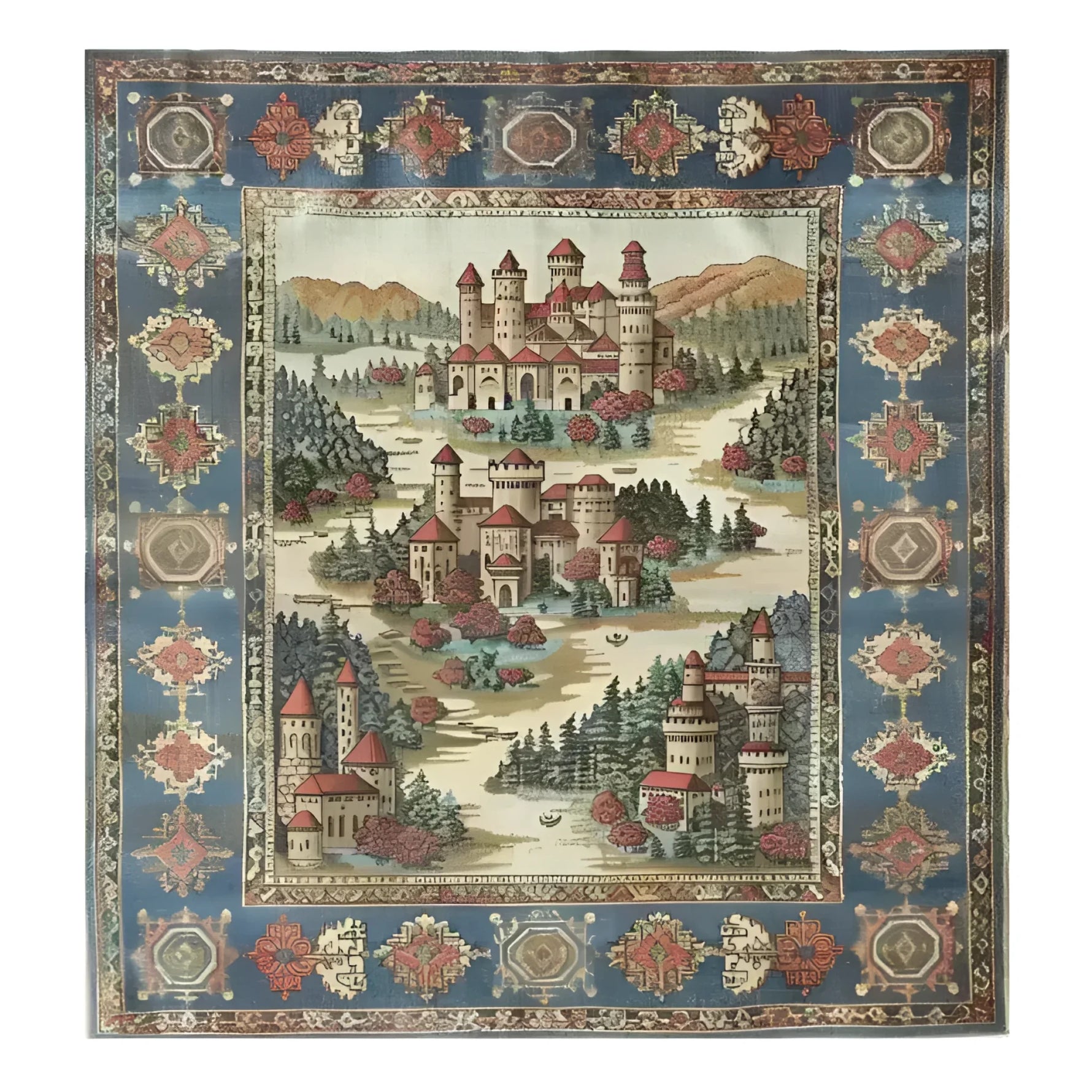 This Castle Country Wool Hand Knotted Area Rug features a picturesque medieval castle scene with lush greenery and vibrant colors. The intricate design showcases detailed architecture set against a scenic landscape, surrounded by a decorative blue and red border. Perfect for adding a touch of elegance and history to any room.