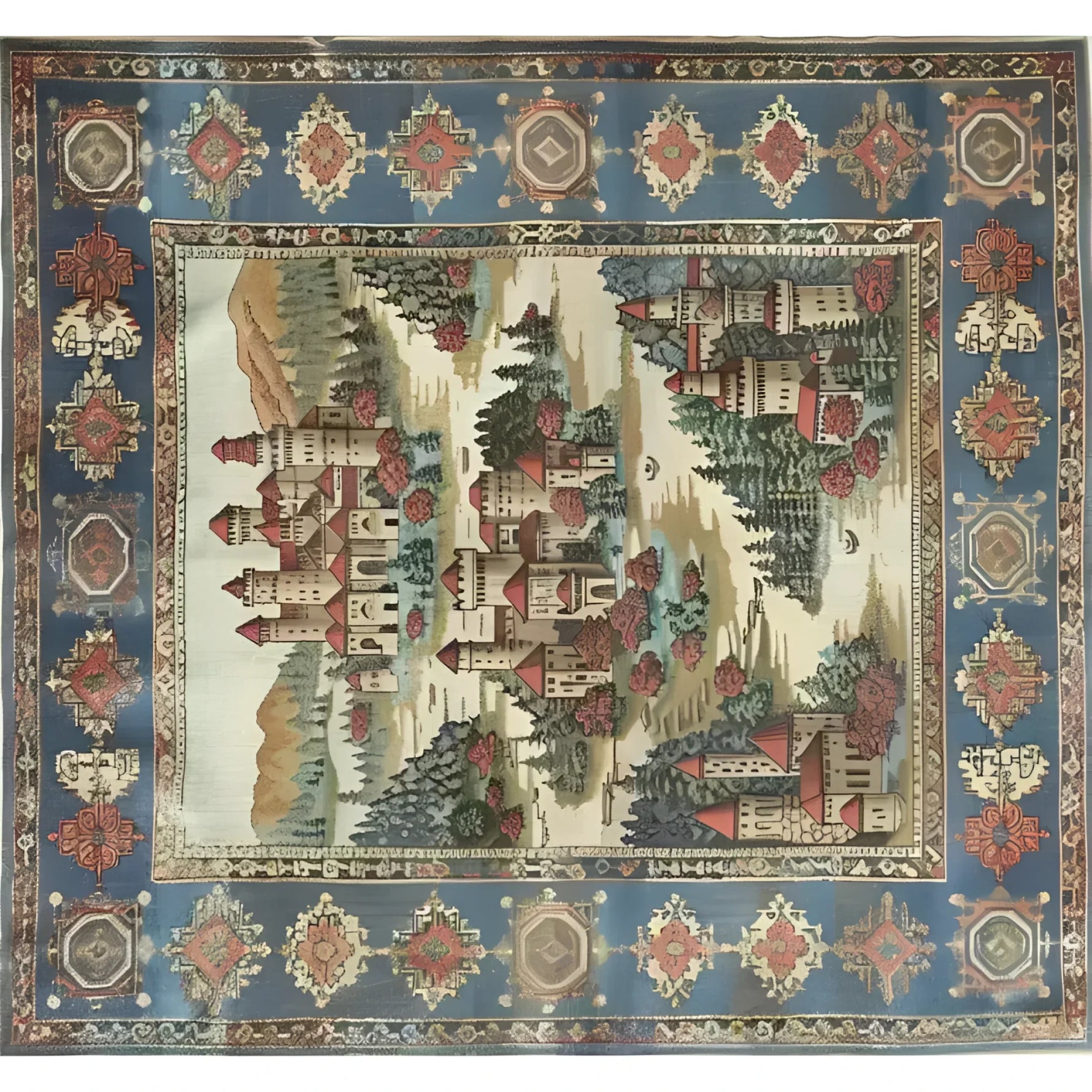 A beautifully detailed hand-knotted area rug featuring a vintage castle design in a lush landscape. The rich blue border with intricate geometric patterns adds elegance, making it perfect for any living room. Ideal for those seeking an 8x10 vintage rug that enhances the aesthetic of living room area rugs.