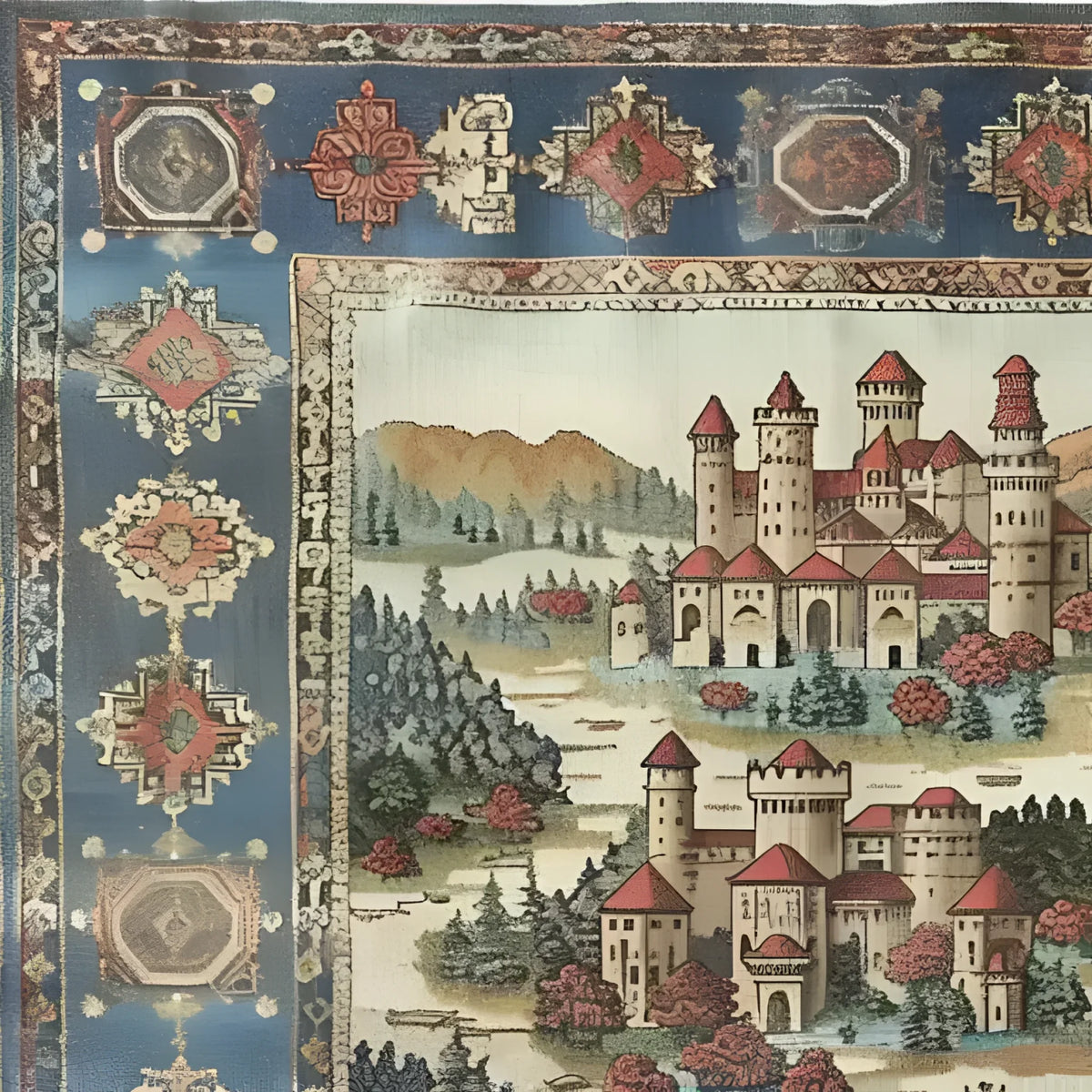 Close-up view of the Castle Country Wool Hand Knotted Area Rug showcasing a stunning vintage castle design with intricate borders, perfect for living room rugs 8x10. This vintage rug adds an elegant touch to any living room area.