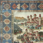 Close-up view of the Castle Country Wool Hand Knotted Area Rug showcasing a stunning vintage castle design with intricate borders, perfect for living room rugs 8x10. This vintage rug adds an elegant touch to any living room area.