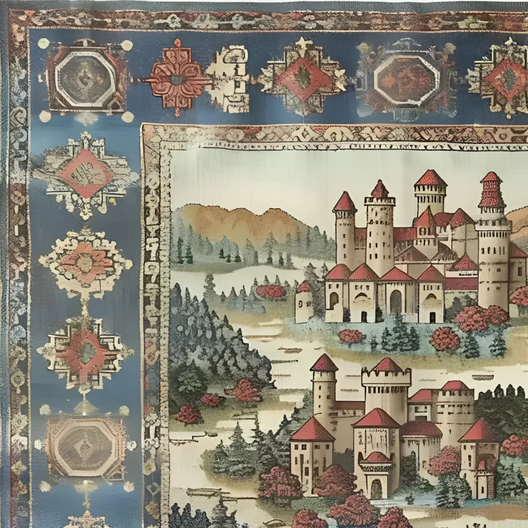 Close-up view of the Castle Country Wool Hand Knotted Area Rug showcasing a stunning vintage castle design with intricate borders, perfect for living room rugs 8x10. This vintage rug adds an elegant touch to any living room area.