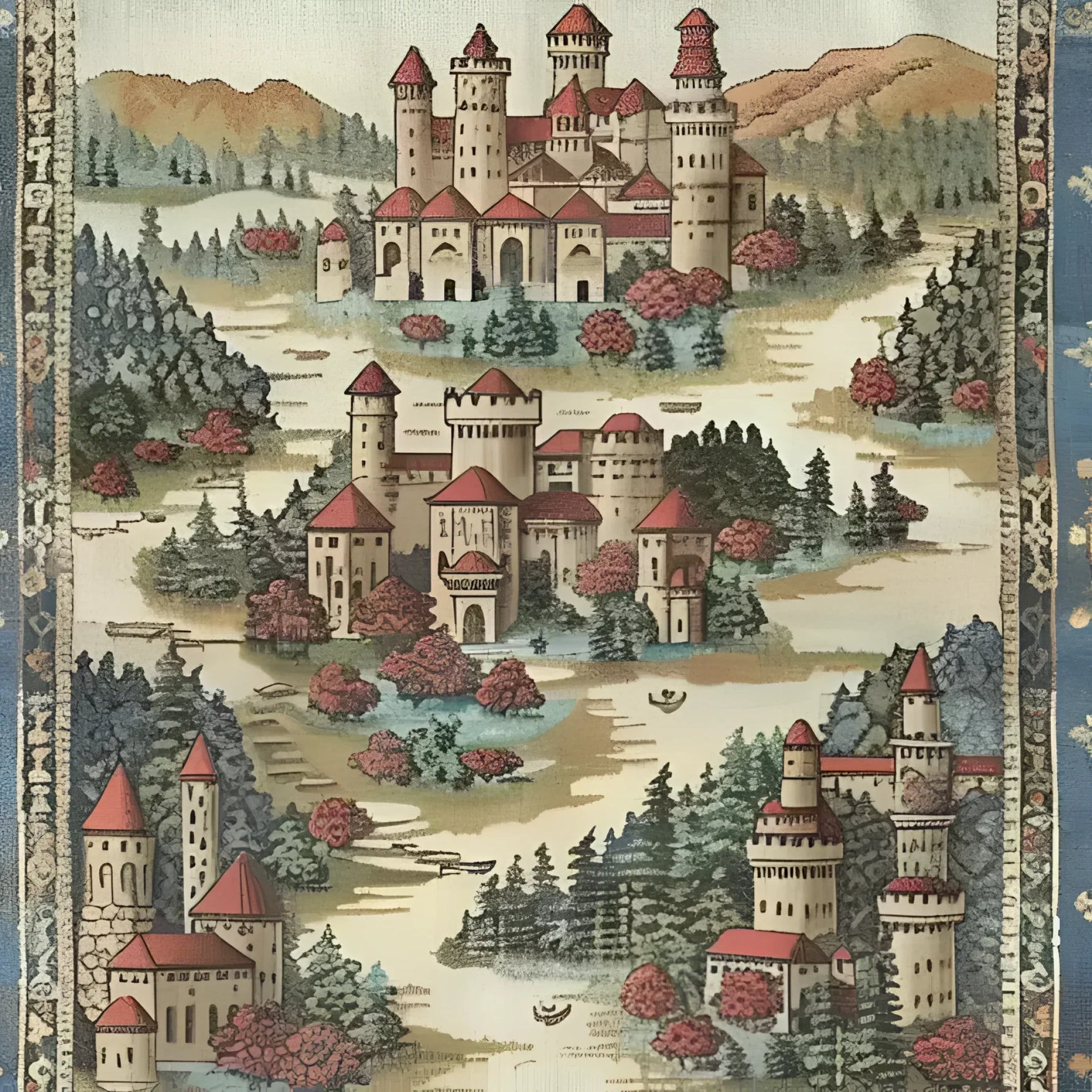 A beautifully detailed Castle Country Wool Hand Knotted Area Rug featuring a vintage design with intricate castles and lush landscapes. Perfect for adding a touch of elegance to any living room, this 8x10 rug combines timeless charm with modern quality, making it an ideal choice for those seeking unique living room area rugs.