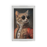 cat with dark round sunglasses wearing ornate red velvet robe with lace collar on dark background
