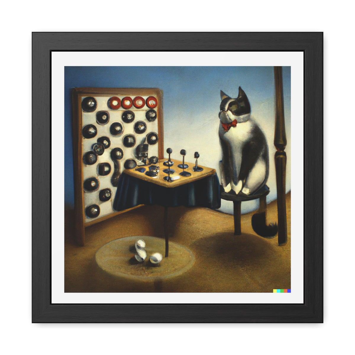 Cat Playing Checkers Framed Poster Wall Art 16″ x 16″ (Square) Semi Glossy