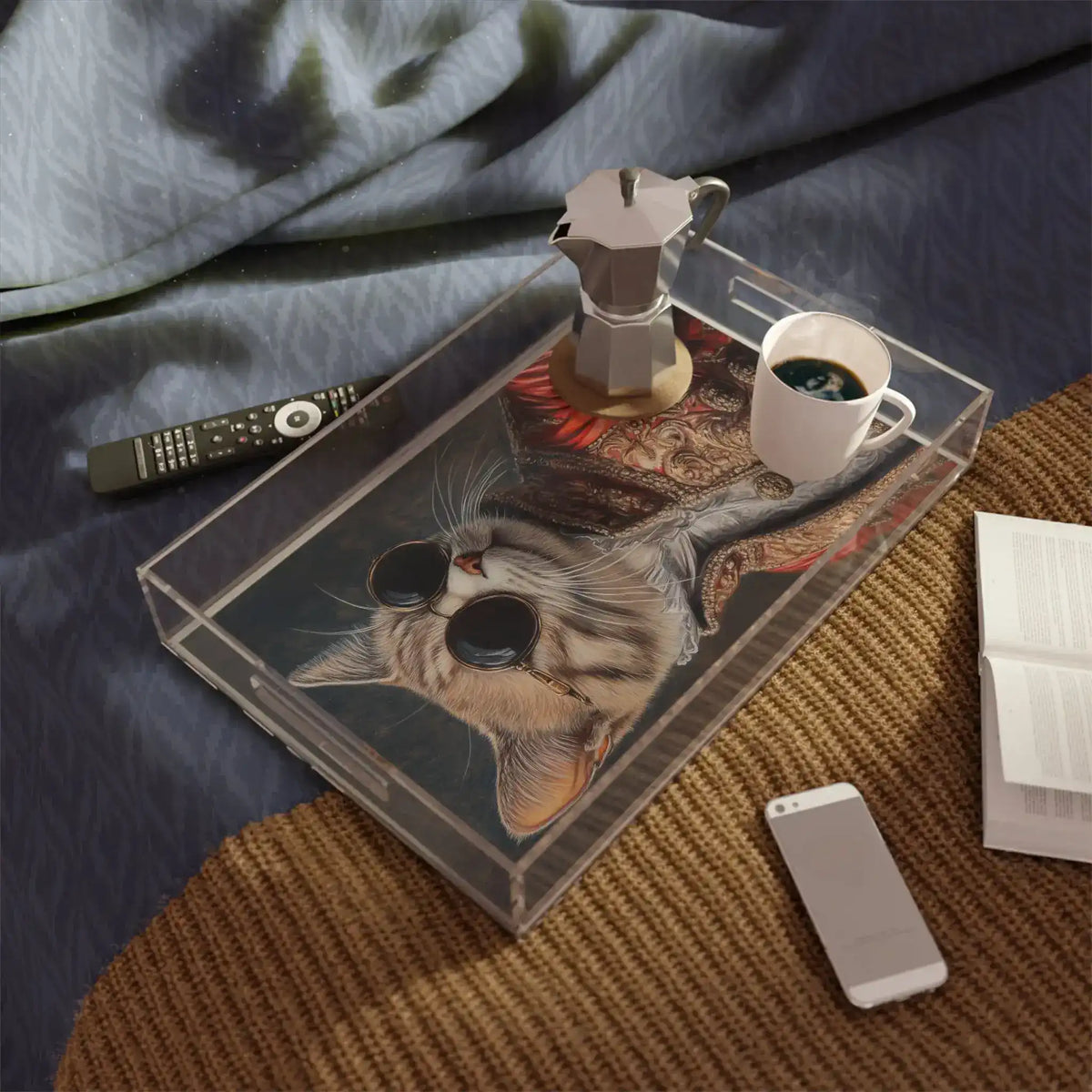 acrylic tray with cat portrait art displayed on dark wicker surface with accessories nearby overhead view