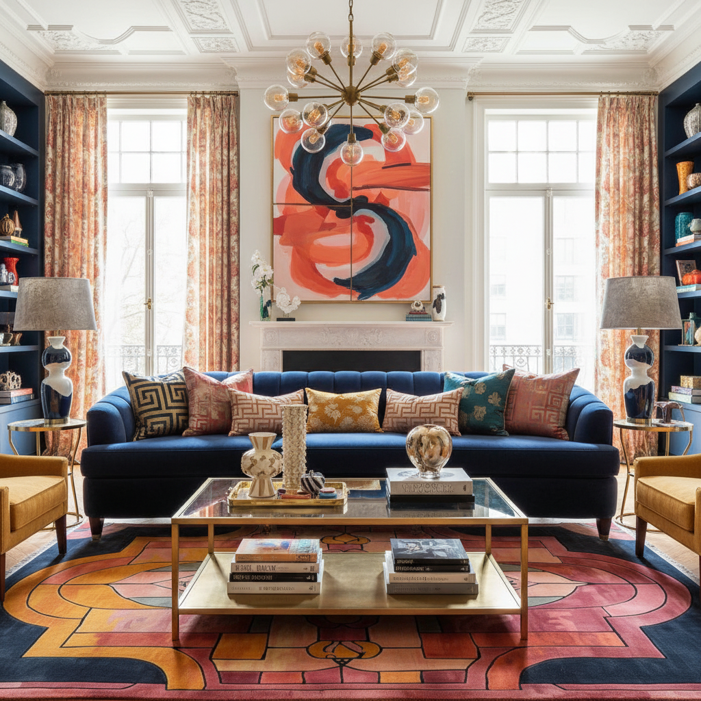Living room with a blue sofa, colorful rug, and abstract painting on the wall.