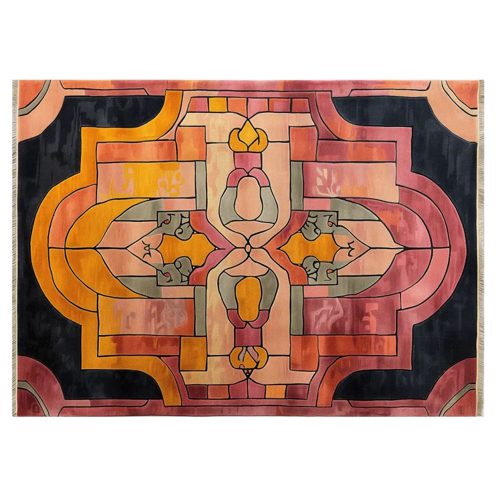 The Cathedral Sunrise Hand Tufted Wool Rug features a vibrant, abstract design with rich hues of orange, pink, and black. This area rug showcases intricate geometric patterns reminiscent of stained glass, adding a touch of elegance and warmth to any room.