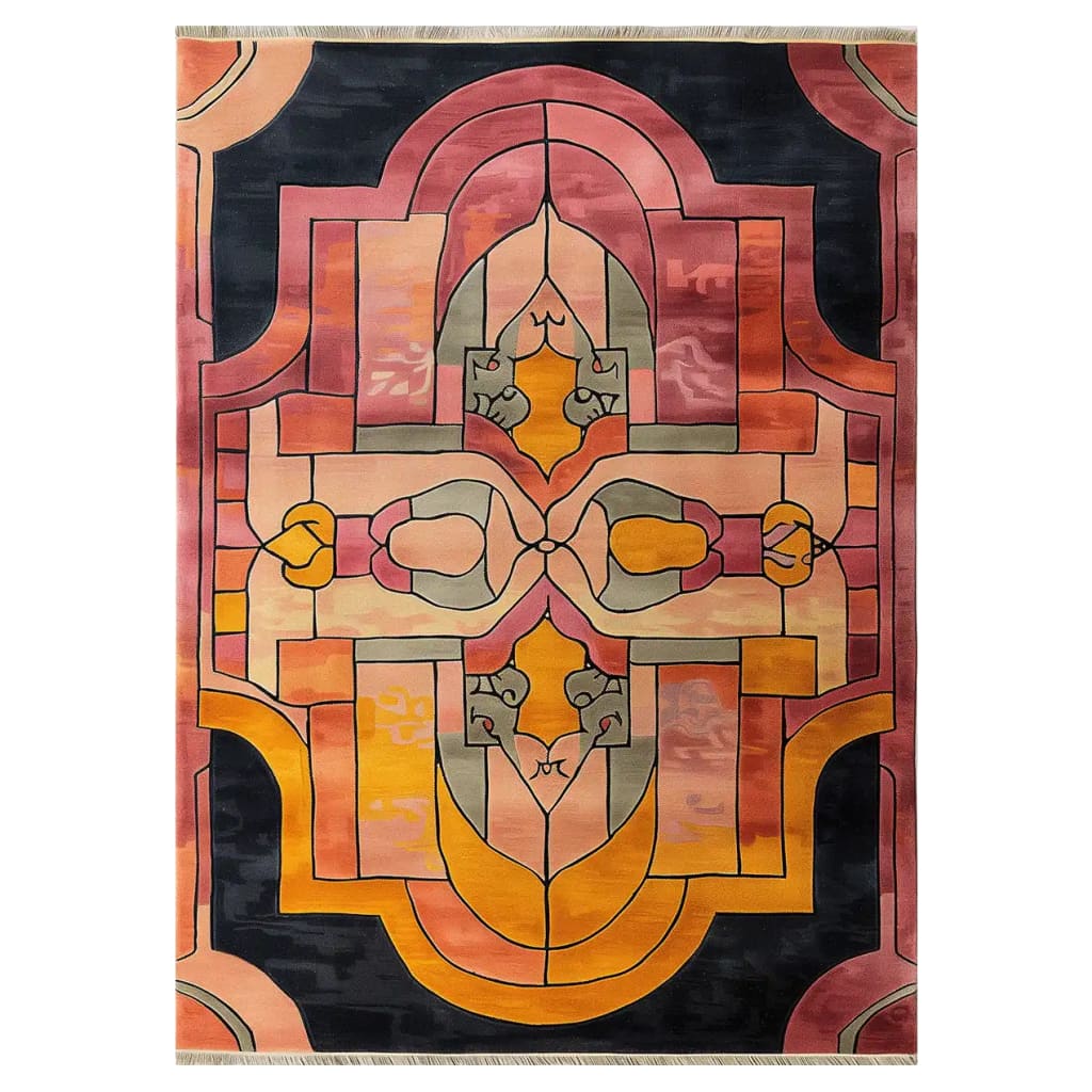Top view of the Cathedral Sunrise Hand Tufted Wool Area Rug featuring an intricate geometric pattern with warm tones of pink, orange, and black, creating a vibrant and artistic centerpiece for any room.