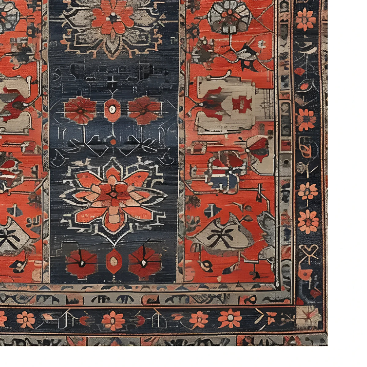 Close-up view of a Caucasus Heritage Knotted Wool Rug, showcasing intricate floral and geometric patterns in vibrant shades of red, blue, and beige. Perfect for adding elegance to any office or living room setting, this 8x10 area rug brings timeless charm and warmth.