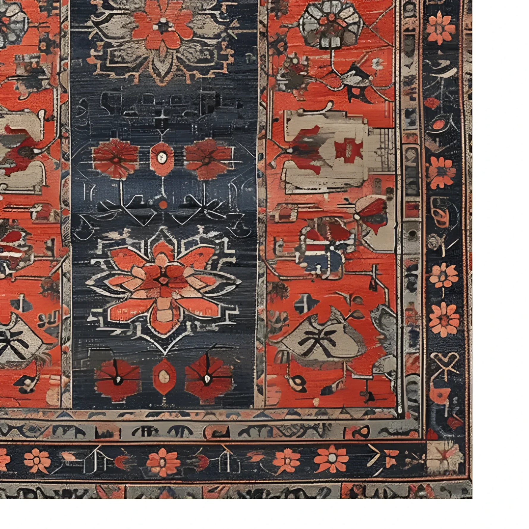 Close-up view of a Caucasus Heritage Knotted Wool Rug, showcasing intricate floral and geometric patterns in vibrant shades of red, blue, and beige. Perfect for adding elegance to any office or living room setting, this 8x10 area rug brings timeless charm and warmth.